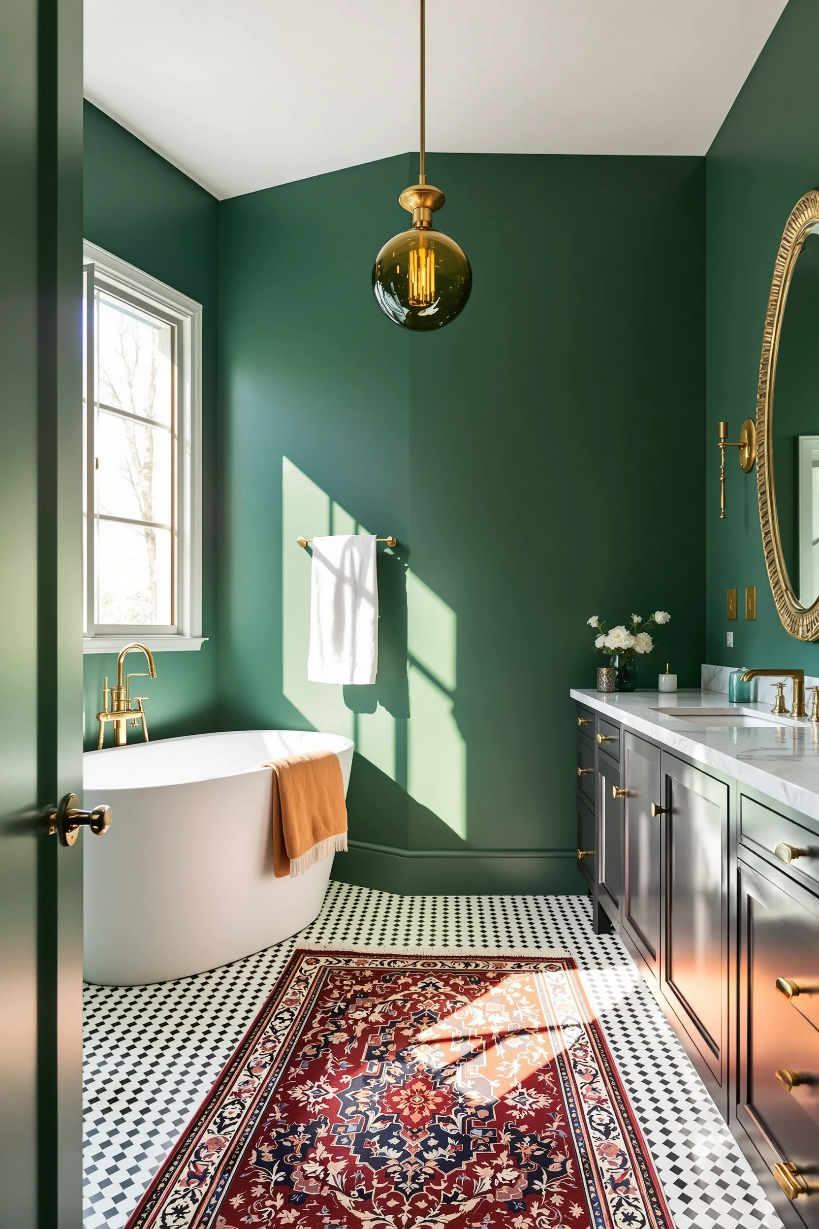 maximalist bathroom designs with oversized lighting fixture jewel tone walls polished nickel details heated tile flooring