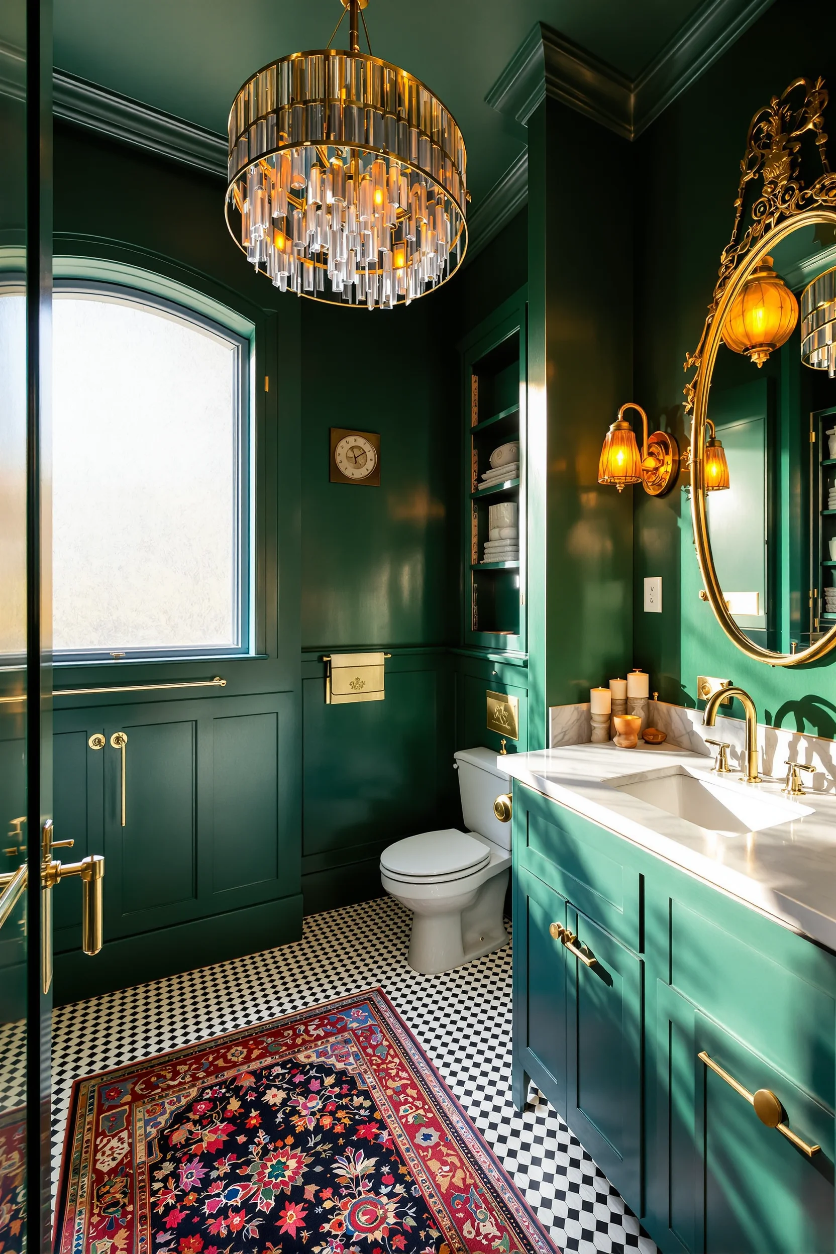 maximalist bathroom ideas featuring brass chandelier emerald green walls white marble countertop persian rug vintage gold mirror