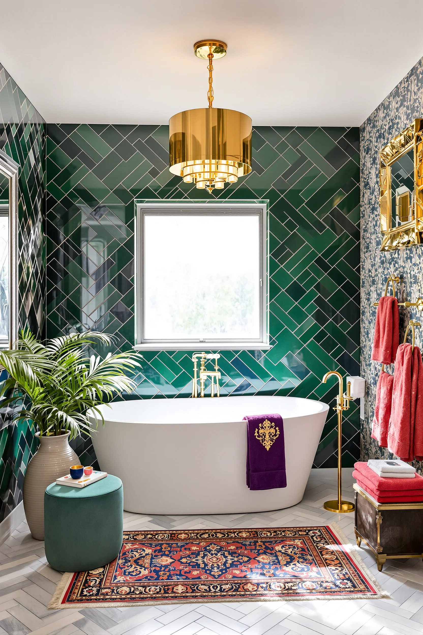 maximalist bathroom ideas featuring emerald geometric tile walls gold fixtures freestanding tub ornate mirror and lush tropical plants