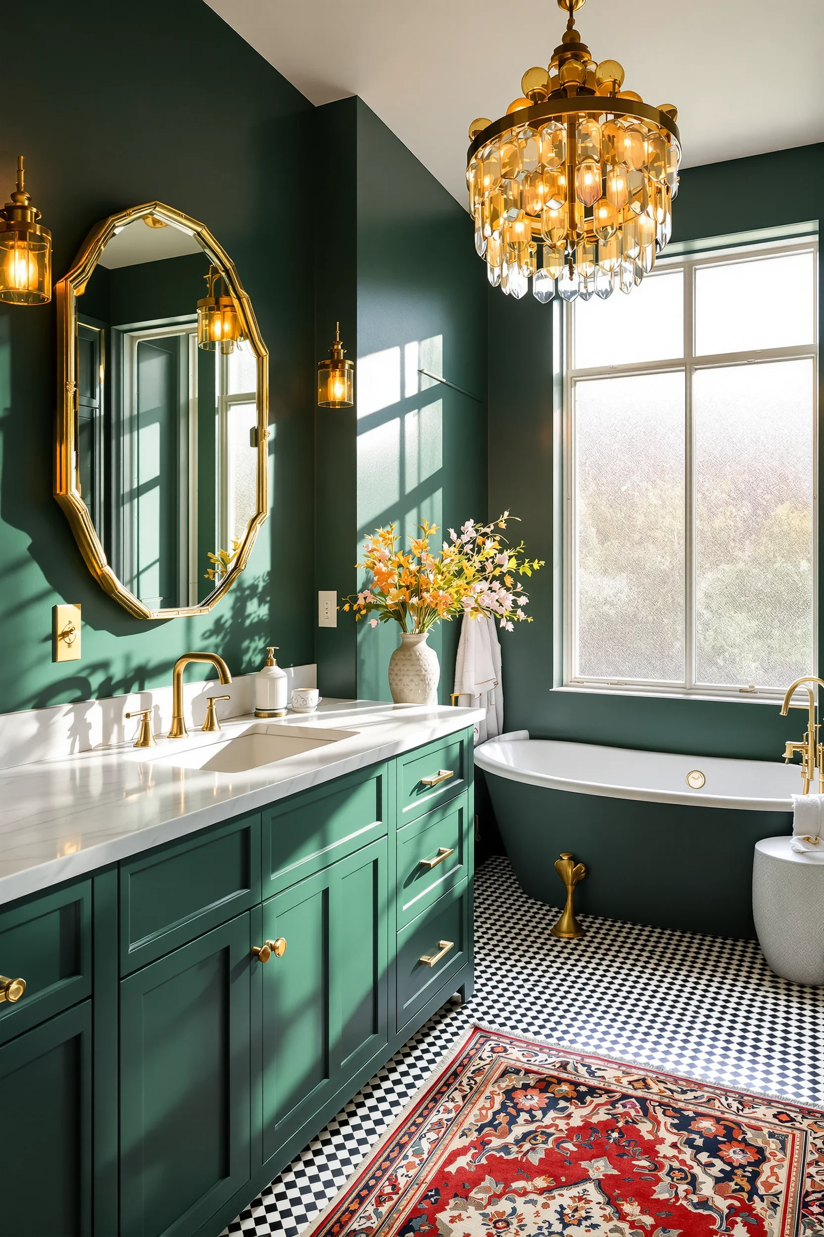 maximalist bathroom inspiration showcasing dramatic green wall brass chandelier centerpiece marble vanity antique mirror amber glass