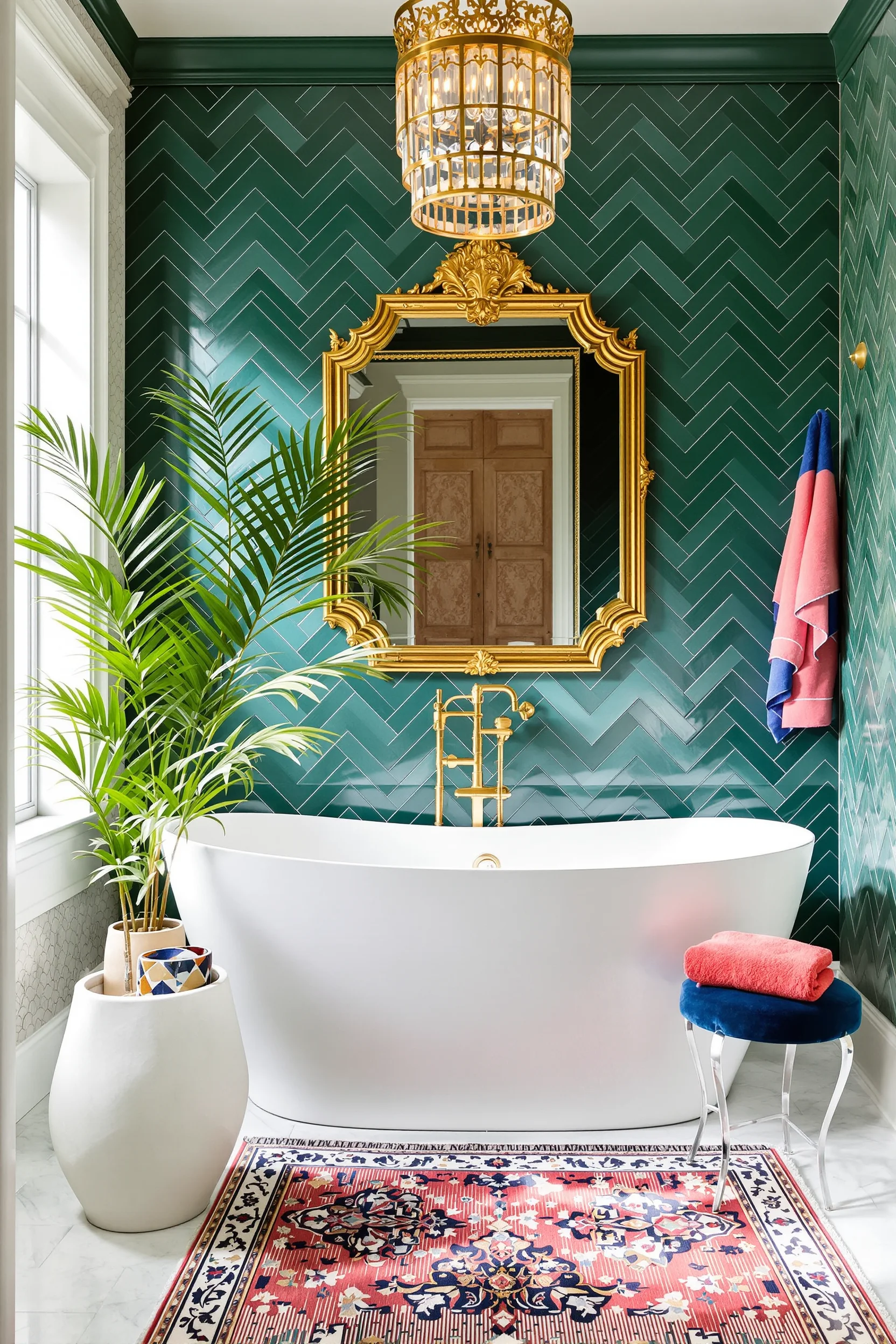 maximalist bathroom inspiration showcasing dramatic pendant lighting gilded mirror frame vibrant towel display and textured wallpaper throughout space