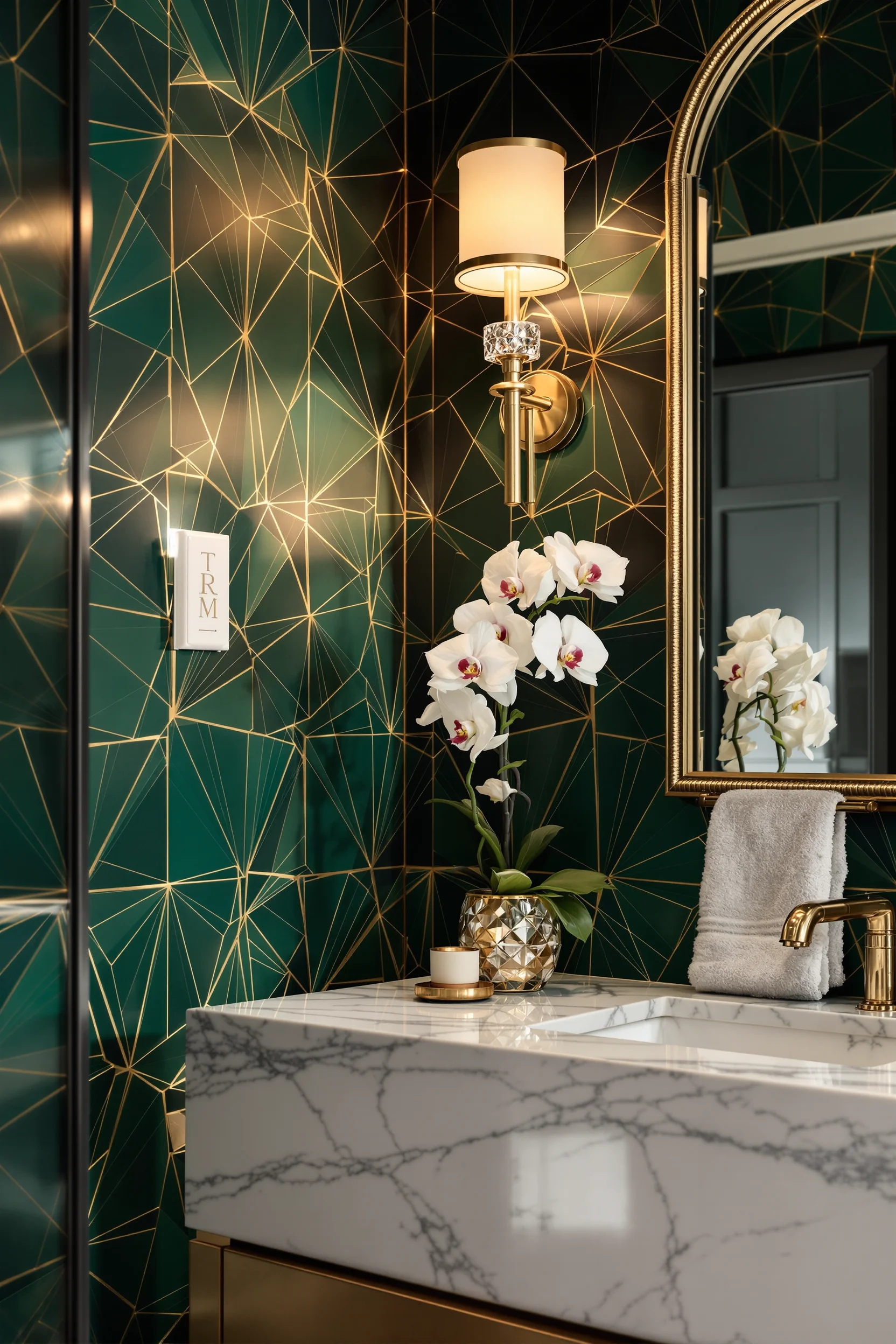 maximalist decor bathroom aesthetics displaying rich emerald walls warm brass sconce crystal vase with orchid and elegant marble vanity