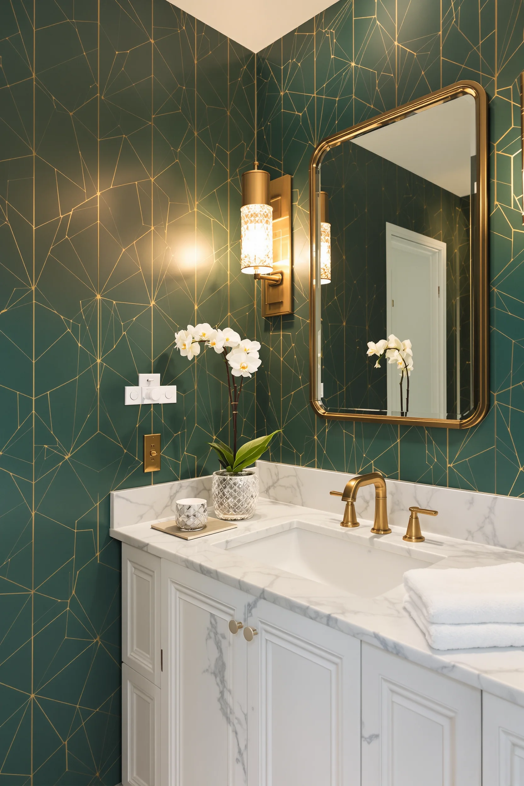 maximalist decor bathroom designs showcasing deep green patterned walls elegant marble countertop golden mirror frame and fresh orchid accent