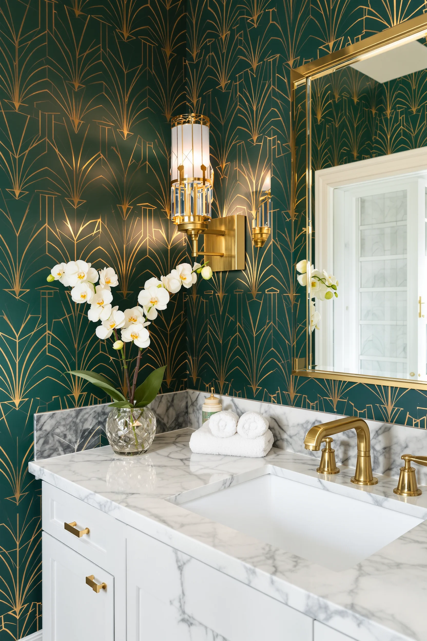 maximalist decor bathroom ideas featuring bold emerald geometric wallpaper with white marble vanity and brass fixtures creating dramatic contrast