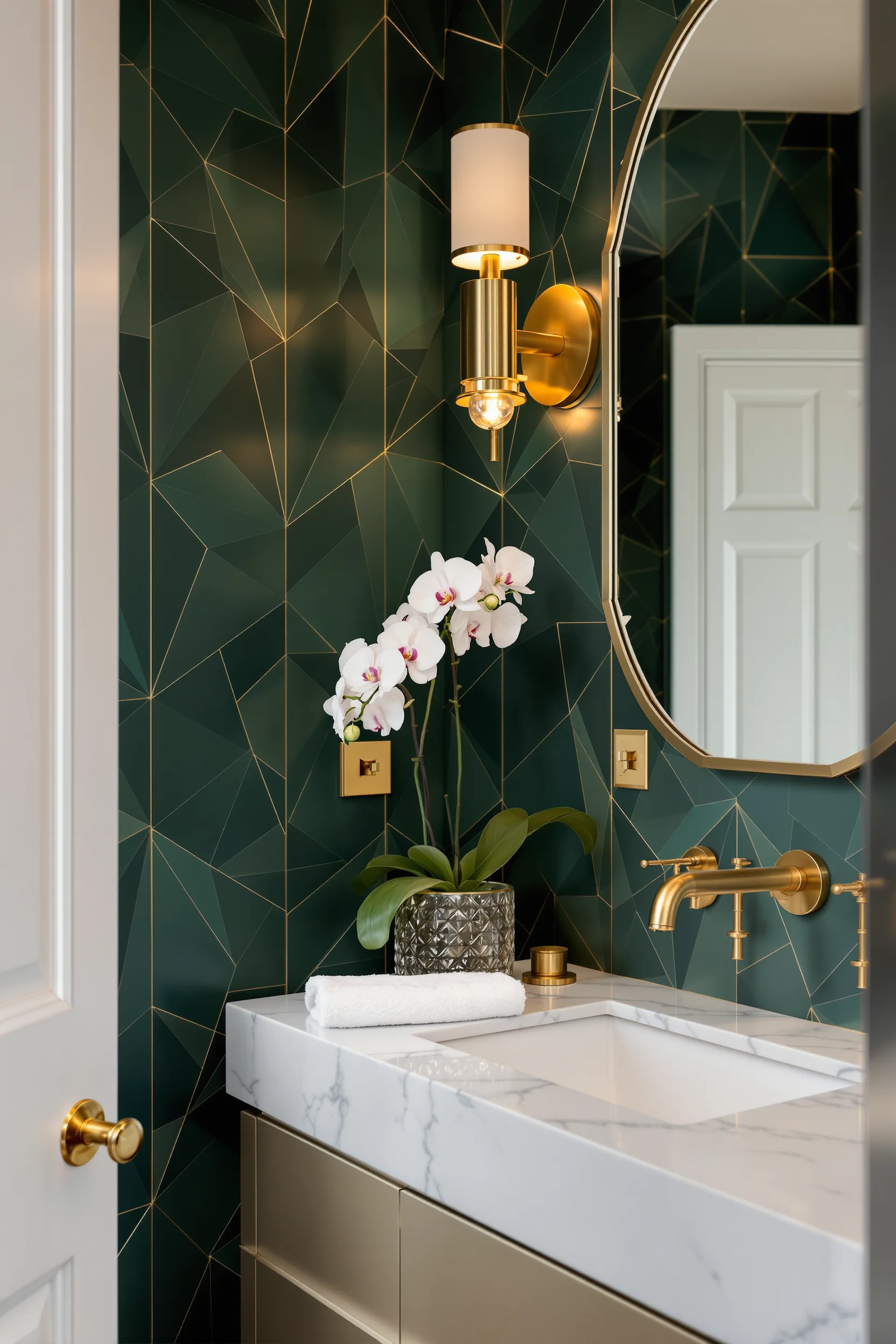 maximalist decor bathroom inspiration with striking wallpaper luxurious brass lighting white towels and sophisticated marble surfaces in moody setting