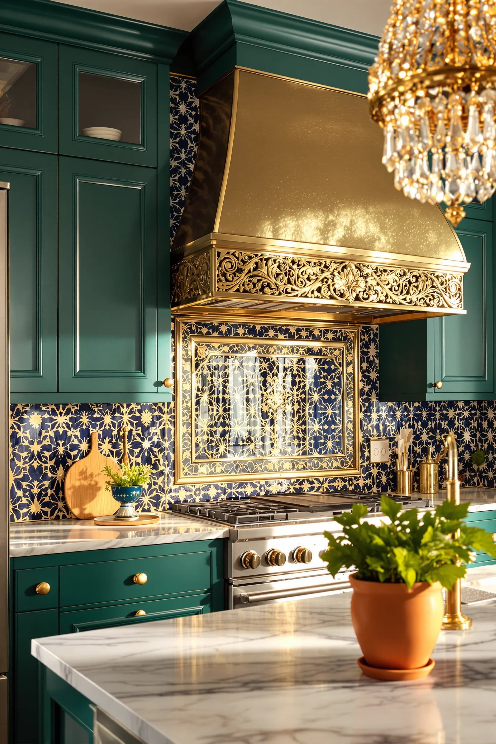 maximalist decor kitchen inspiration showing cobalt blue tilework warm brass fixtures glossy emerald surfaces copper accents layered textures