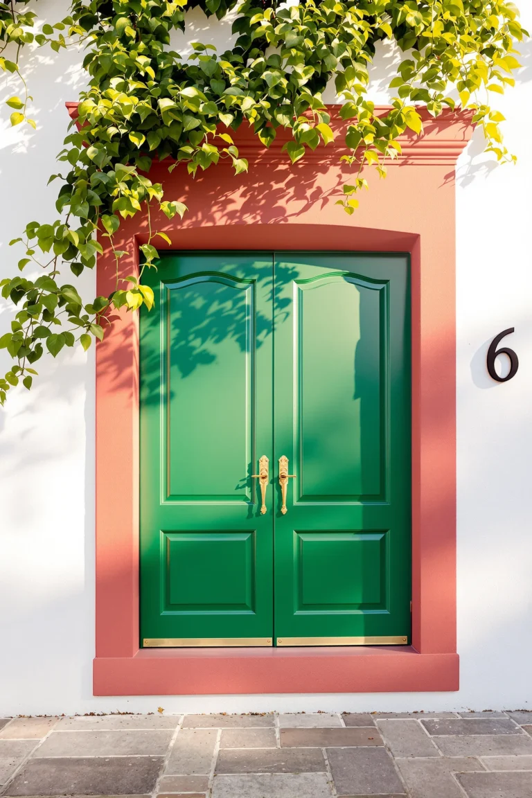 maximalist home inspiration displaying bold color contrast with emerald shutter coral accents and golden hour dramatic shadow on textured pathway