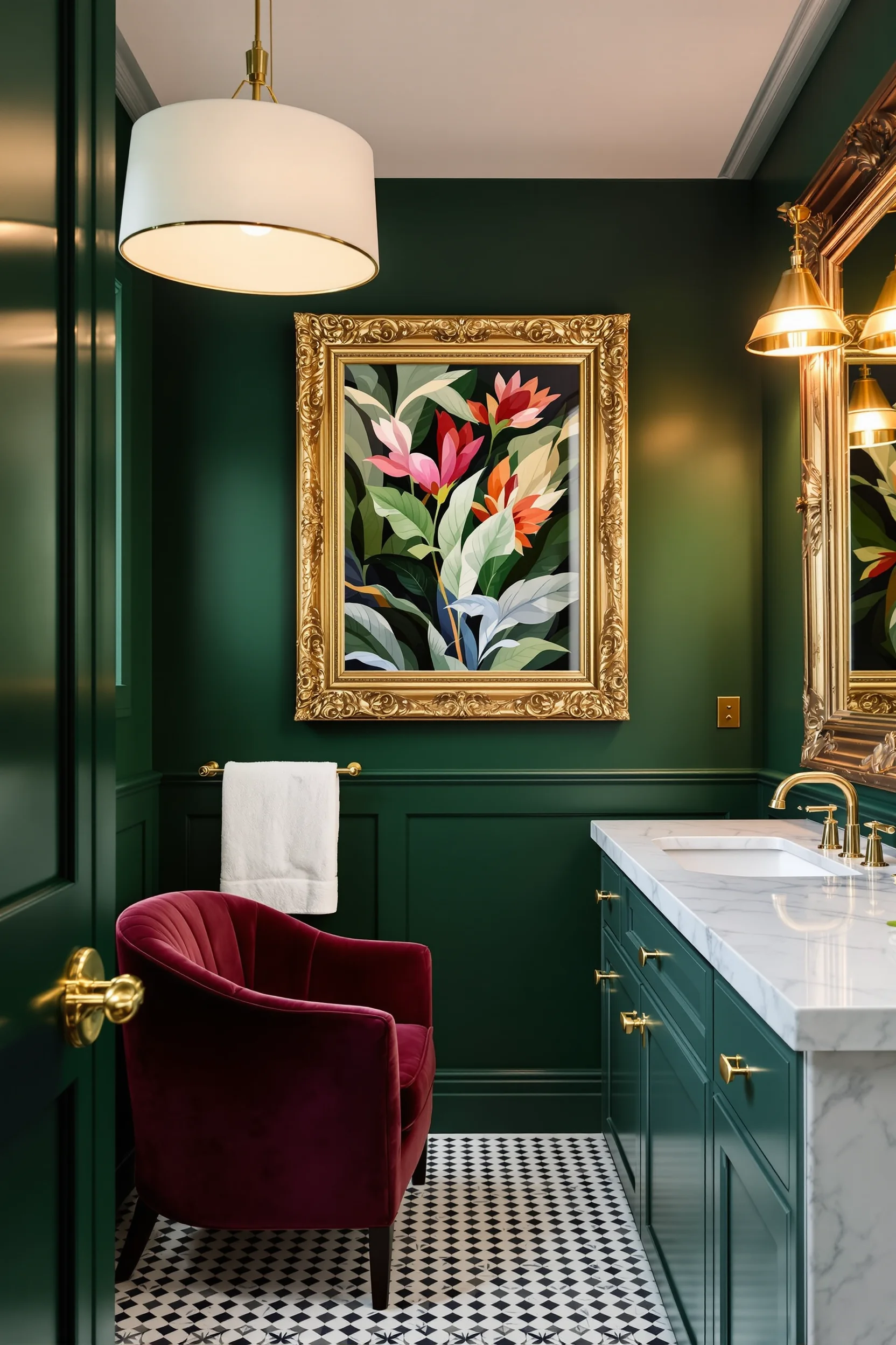 maximalist interior design bathroom inspiration showing green walls gold ornate frame patterned tile floor carved wood mirror
