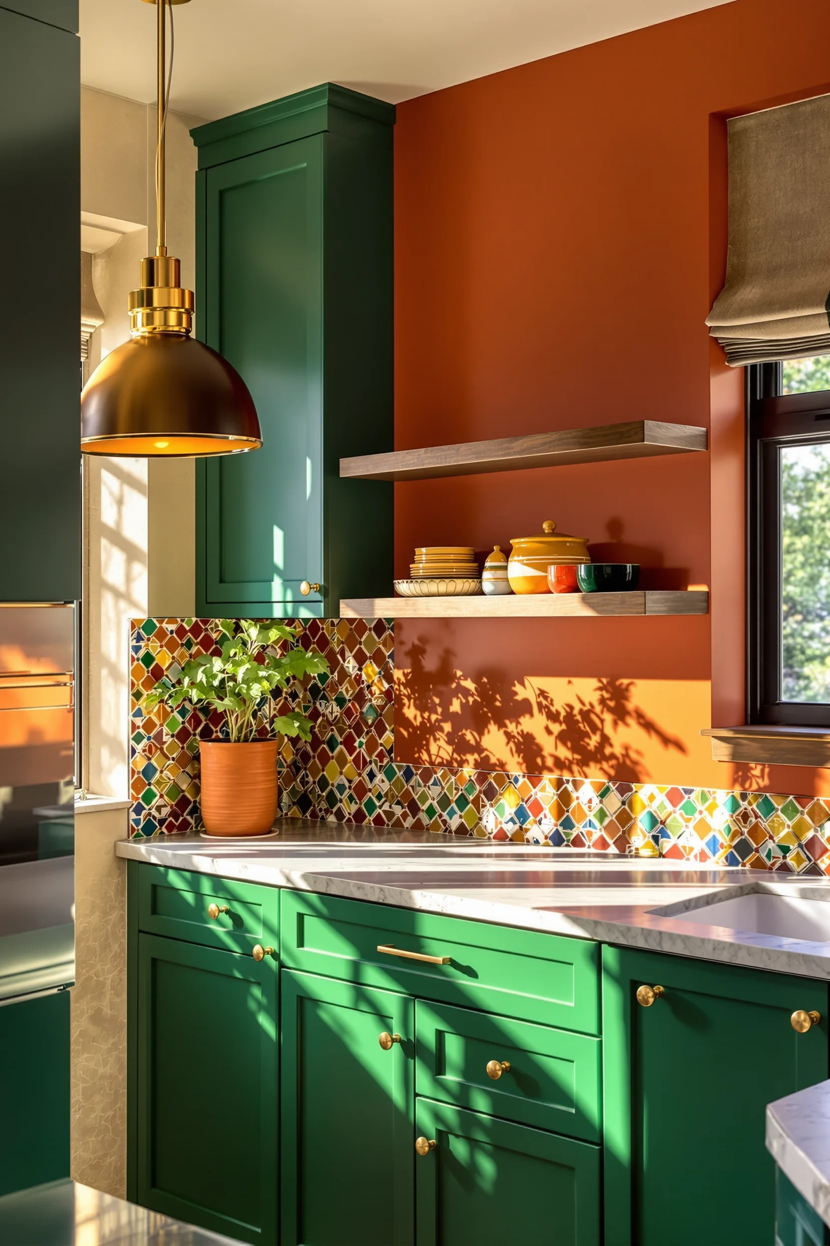 maximalist kitchen aesthetic ideas featuring emerald cabinets terracotta walls brass hardware marble countertops colorful backsplash pendant lighting ceramic displays