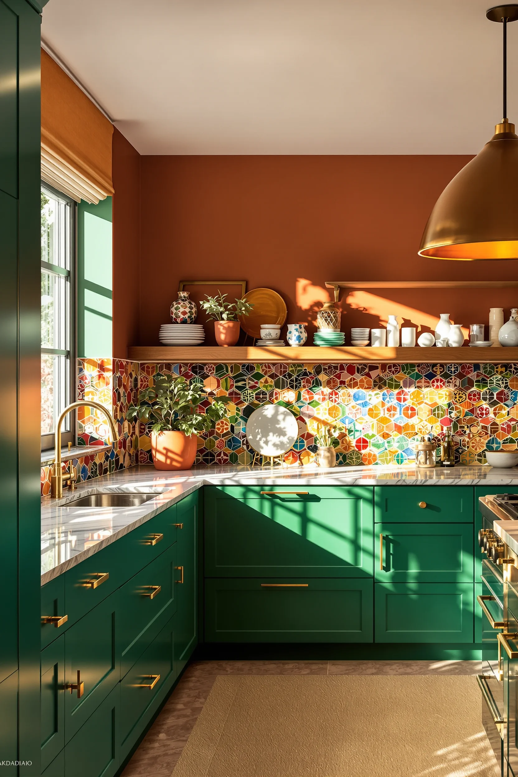 maximalist kitchen aesthetic styles with dramatic shadow play saturated hues professional styling warm atmospheric lighting rich color grading