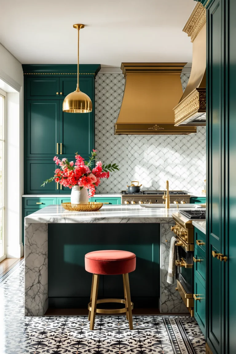 maximalist kitchen designs showcasing bold patterned floor tiles velvet bar stools dramatic pendant lighting and ornate range hood