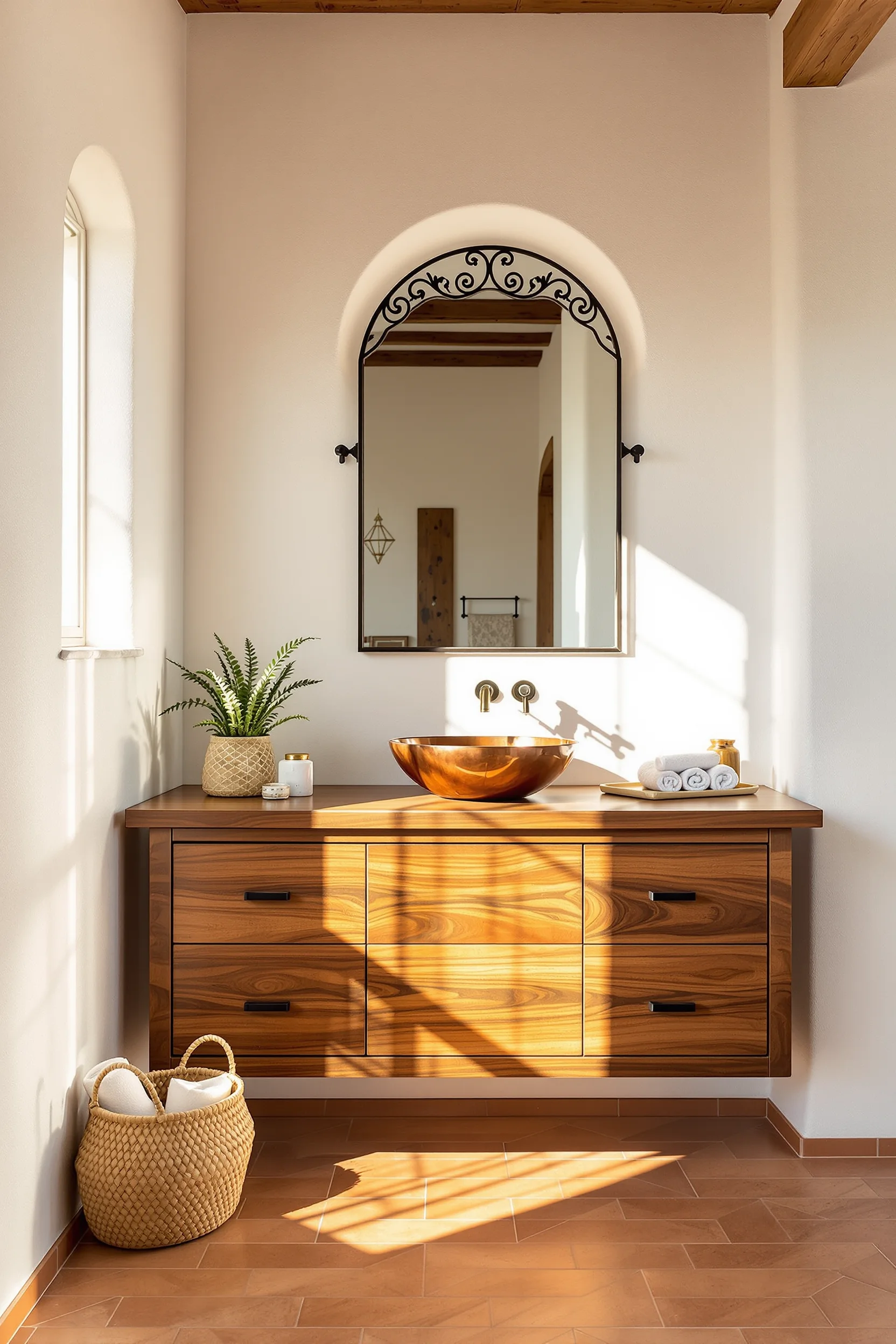 mexican bathroom aesthetics displaying artisan wood vanity with decorative iron mirror and golden hour sunlight through arched window