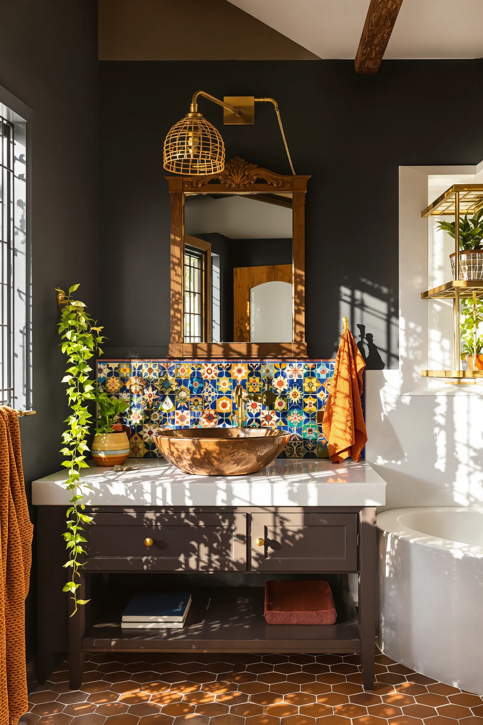 mexican bathroom aesthetics with handpainted tile vanity backsplash terracotta flooring succulent plants and woven textile accents