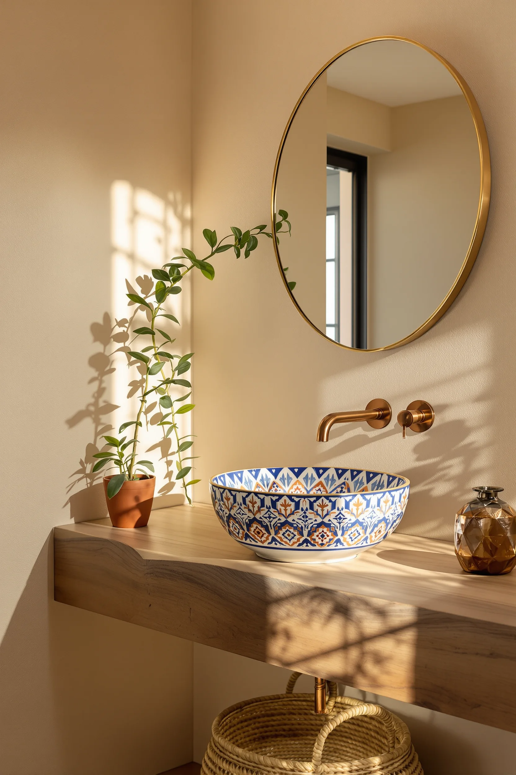 mexican bathroom decor aesthetics displaying hand painted tiles succulent plant and golden hour window lighting