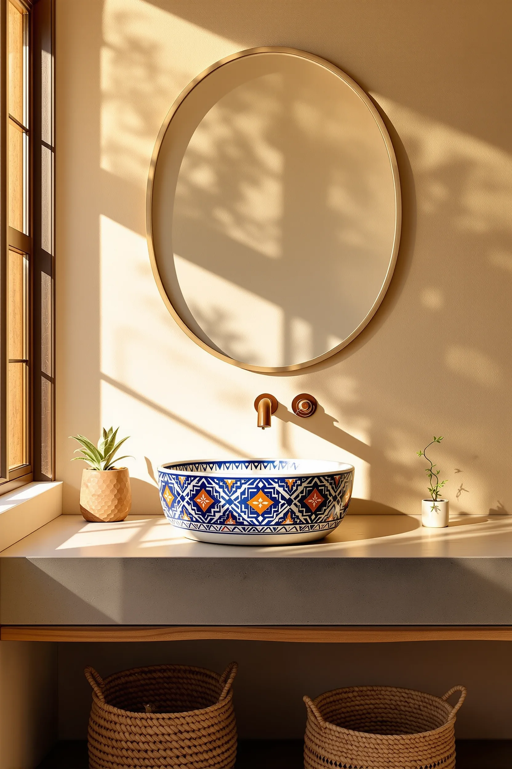 mexican bathroom decor designs showcasing terracotta and blue patterned vessel basin with textured cream stucco wall