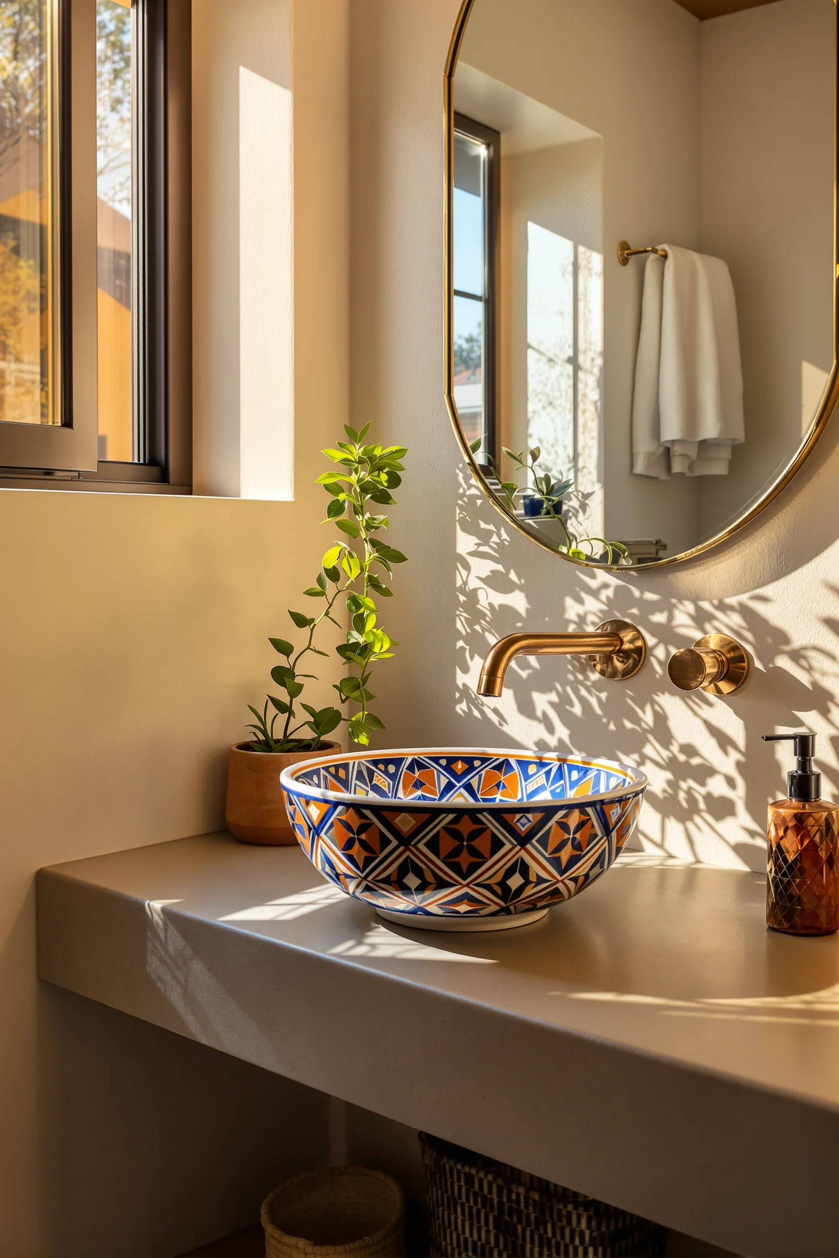 mexican bathroom decor ideas featuring hand painted ceramic sink with cobalt blue geometric patterns and hammered copper faucet