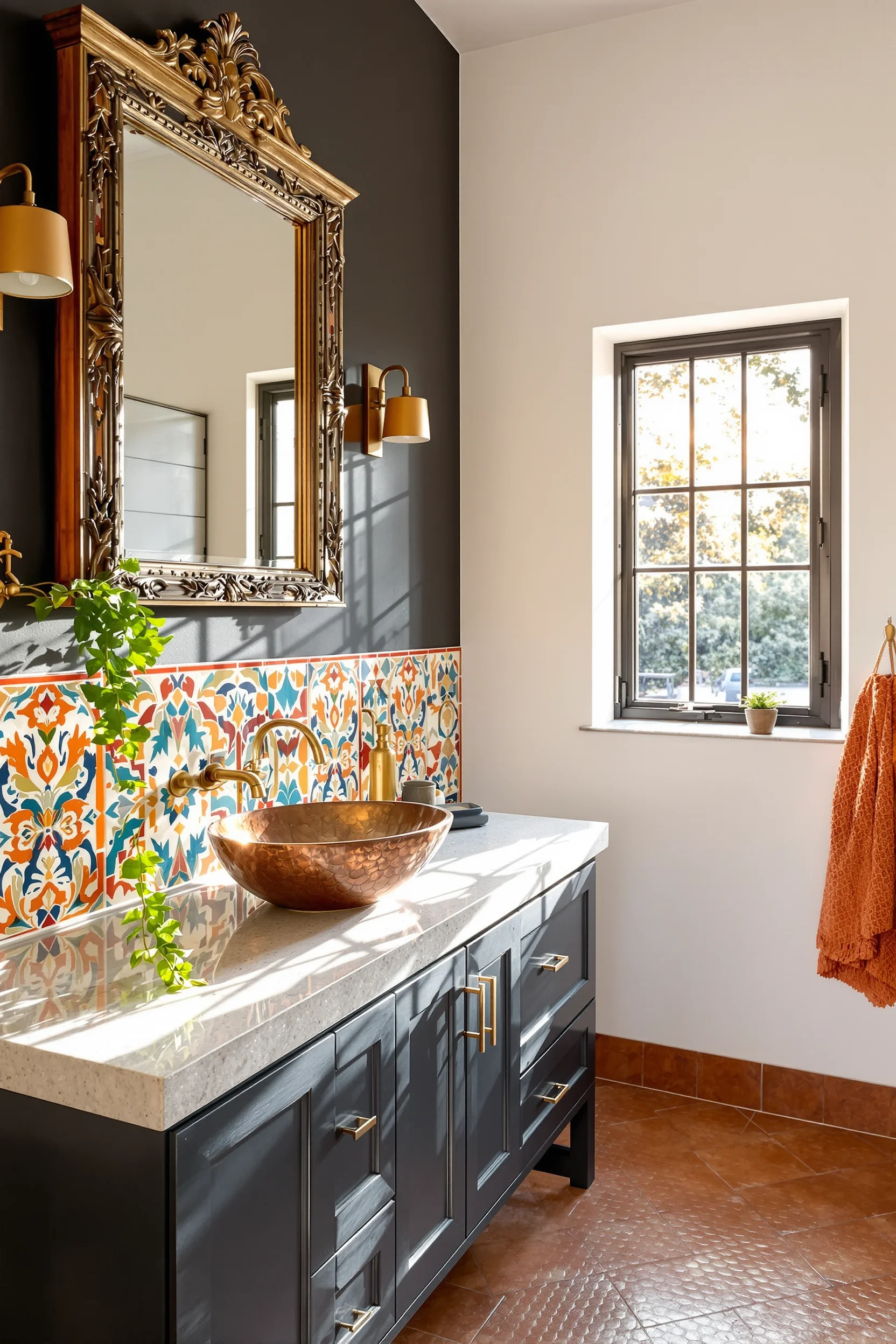 mexican bathroom designs showcasing charcoal walls with colorful ceramic tiles brass fixtures and carved wooden mirror frame