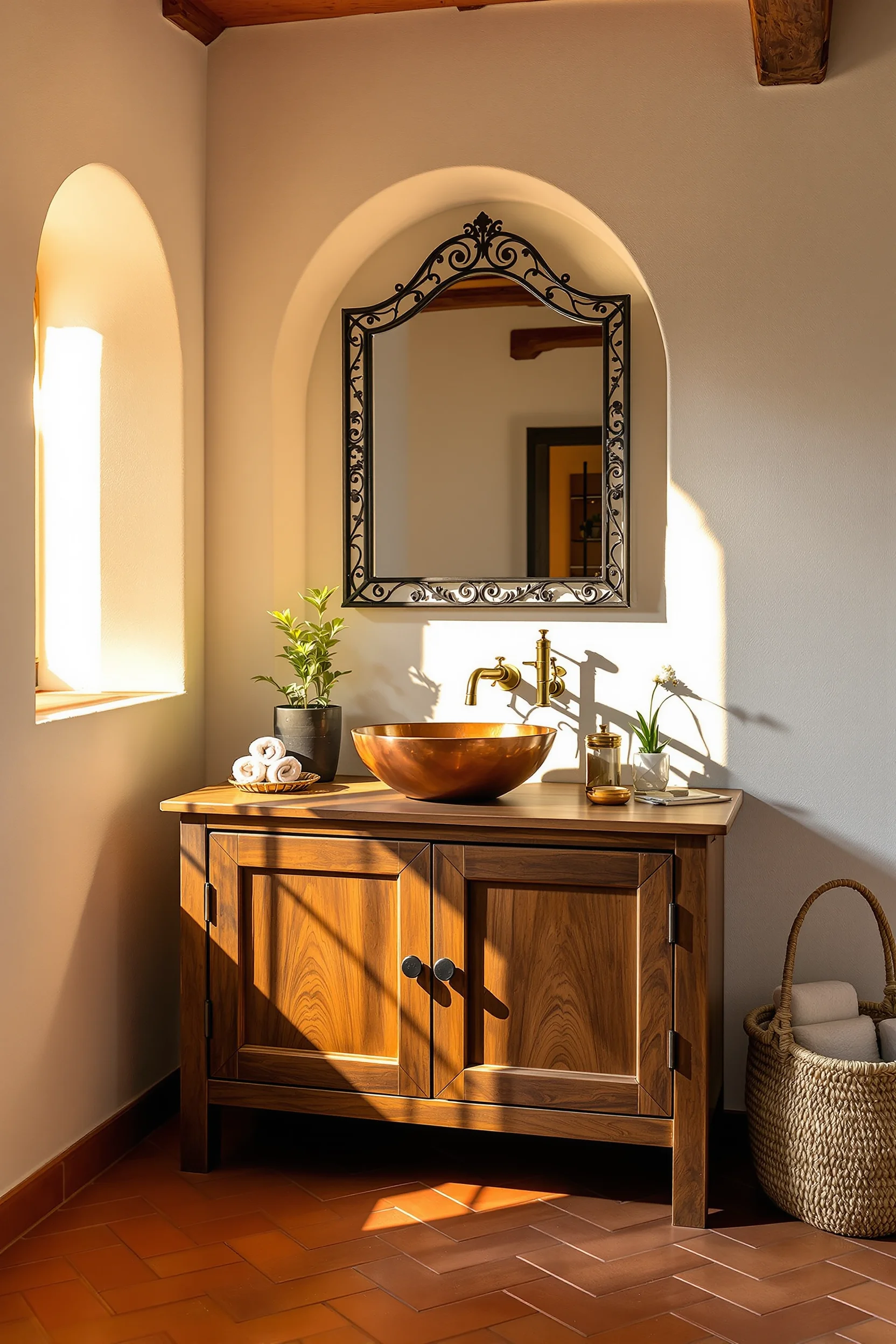 mexican bathroom designs showcasing handcrafted walnut vanity against white stucco wall with terracotta herringbone floor tile