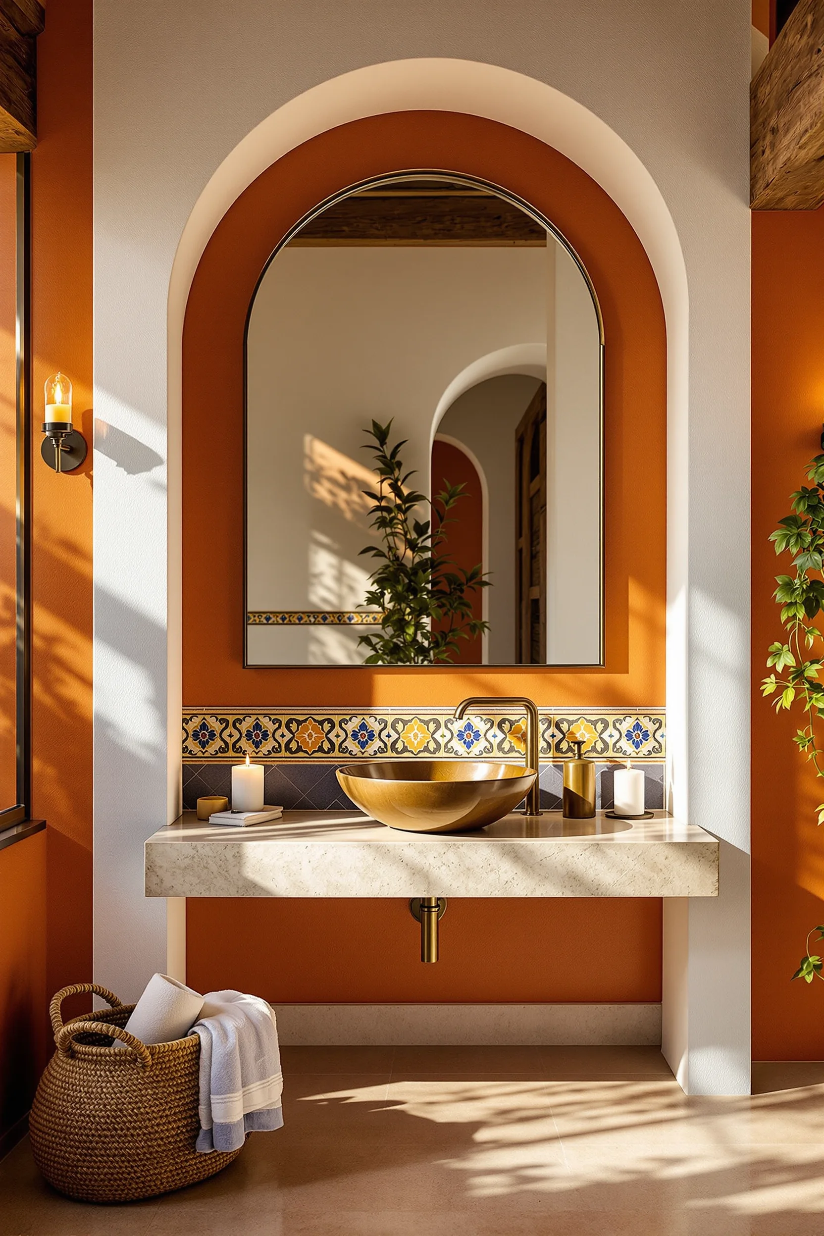 mexican bathroom ideas featuring oversized terracotta arched mirror with clay orange walls and white archway with natural sunlight
