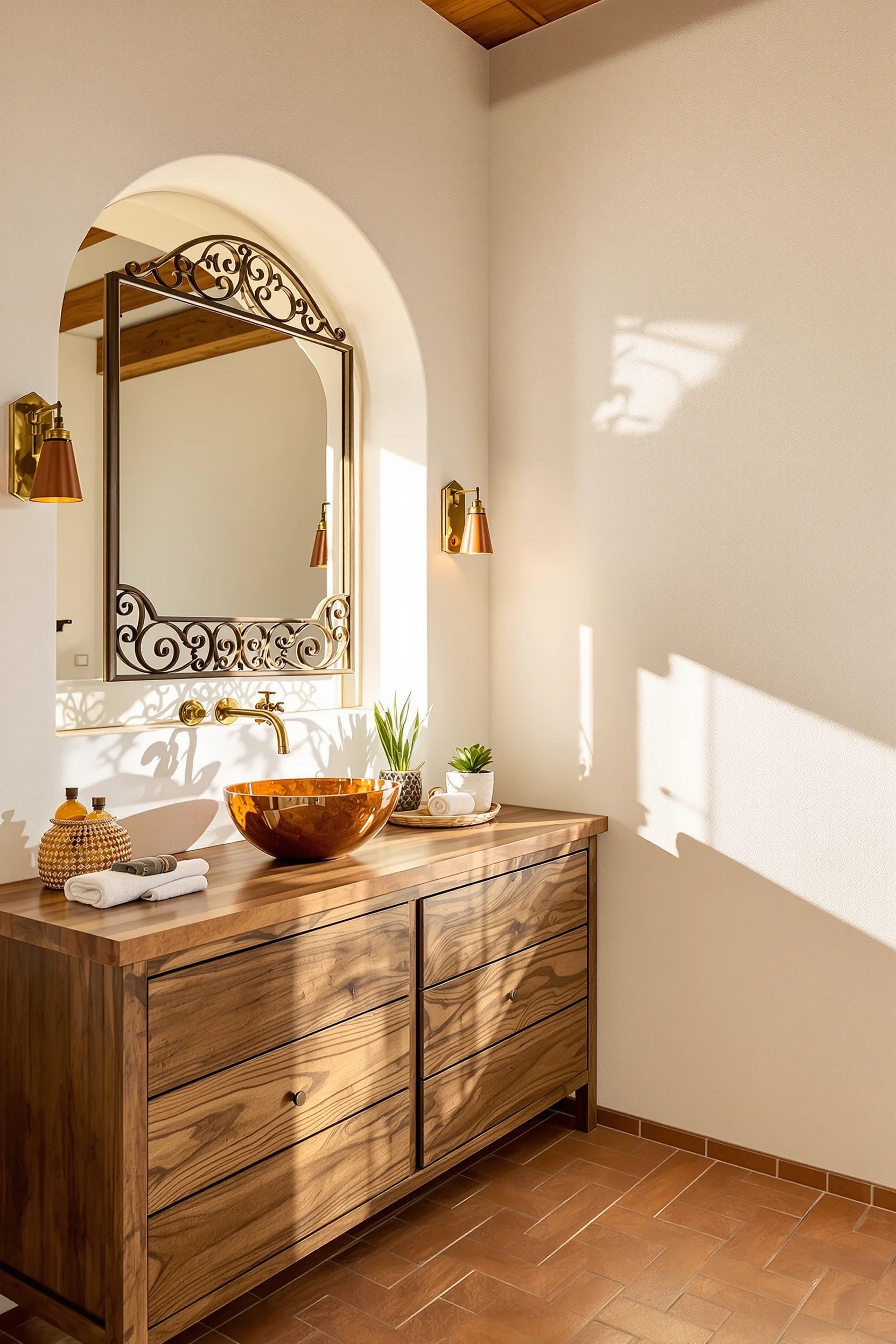 mexican bathroom ideas featuring rustic wood vanity with copper vessel sink and wrought iron mirror in hacienda style space