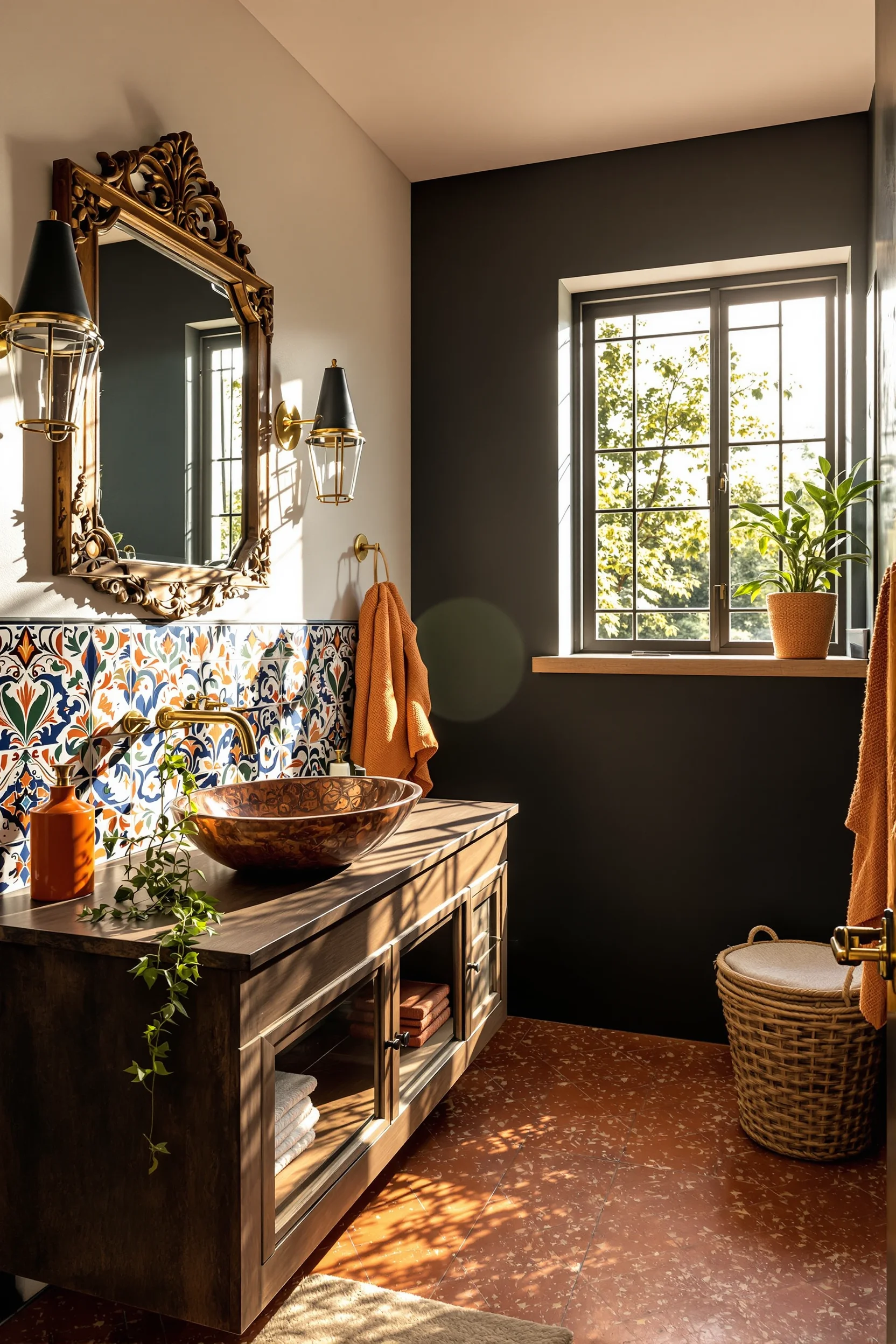 mexican bathroom ideas featuring vibrant handpainted talavera tile backsplash with hammered copper vessel sink and terracotta floors
