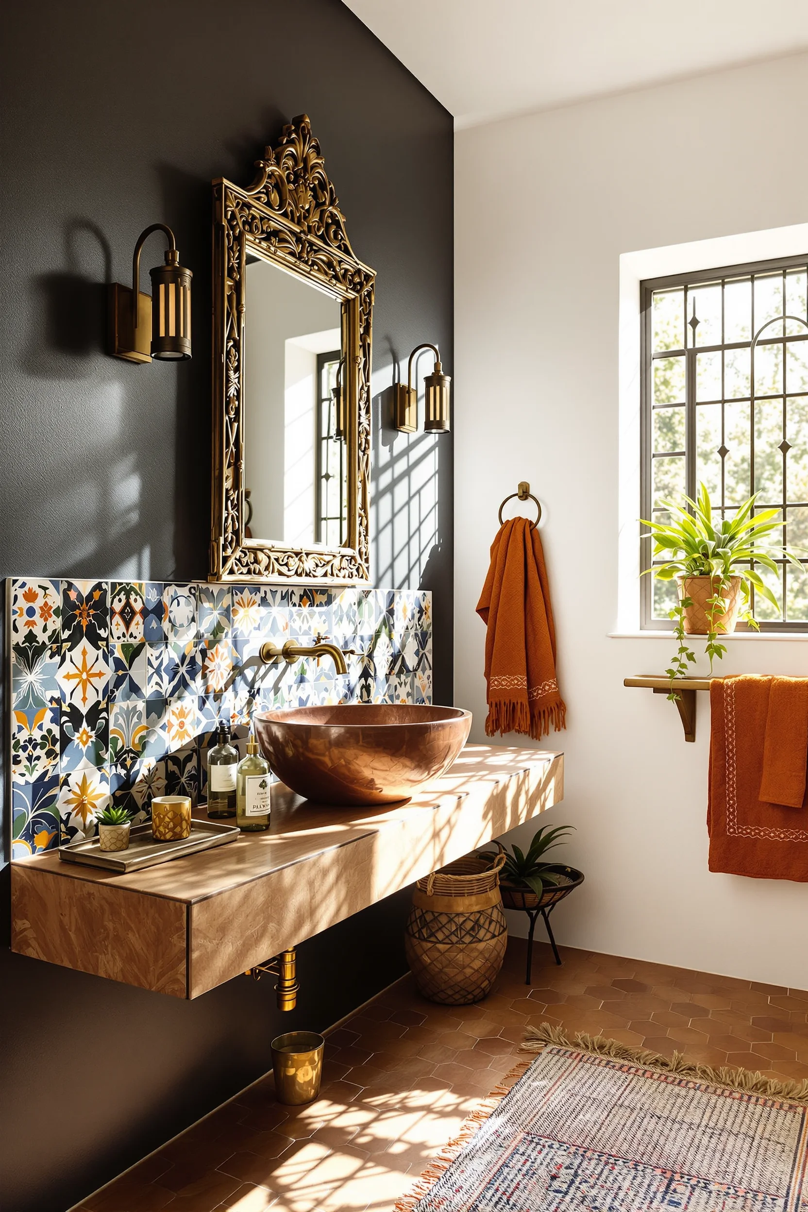mexican bathroom inspiration displaying copper sink talavera tile art wrought iron window with dramatic golden hour lighting