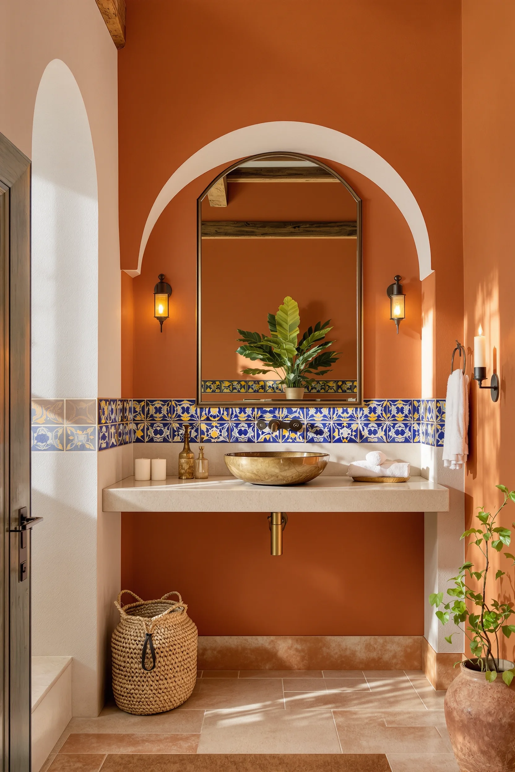 mexican bathroom inspiration showing textured stucco walls with wrought iron candle sconce and woven jute basket decor