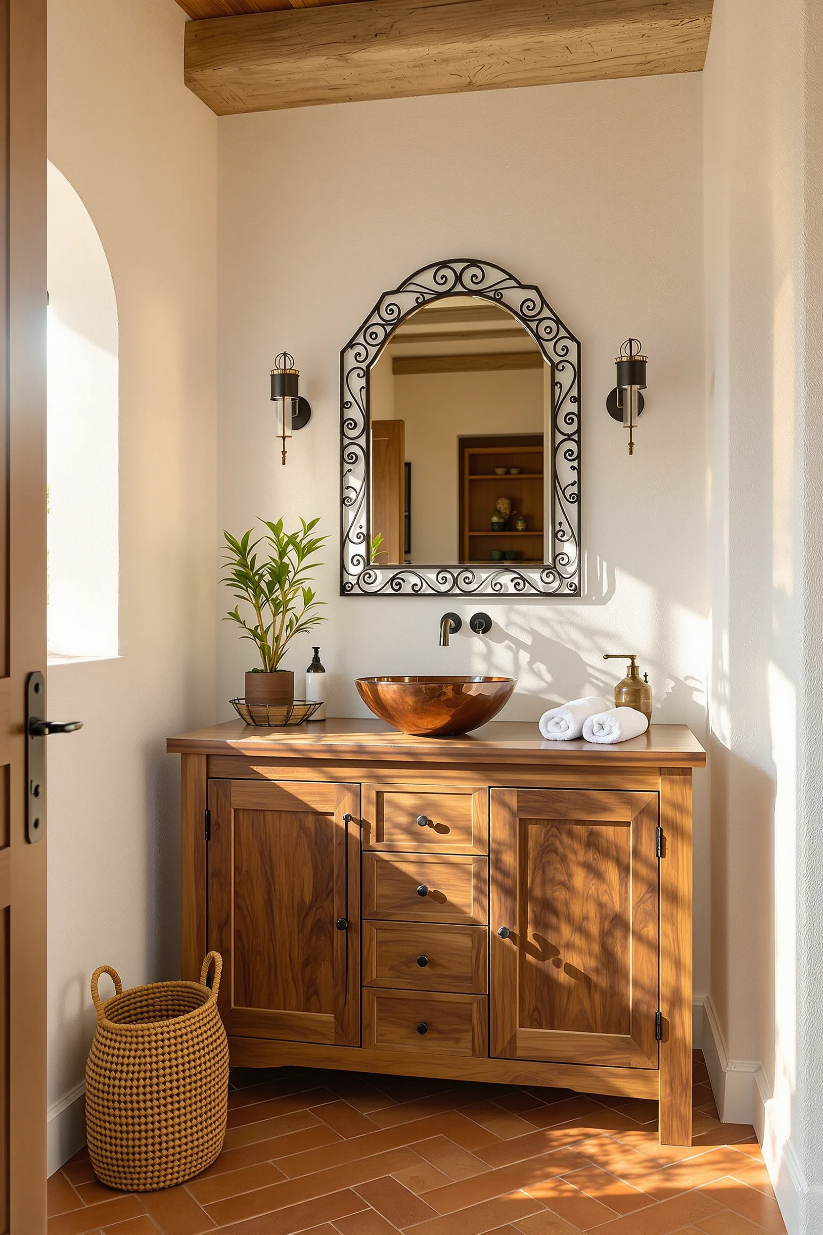 mexican bathroom inspiration with hand hammered copper sink on rustic wood vanity and vintage brass faucet with patina