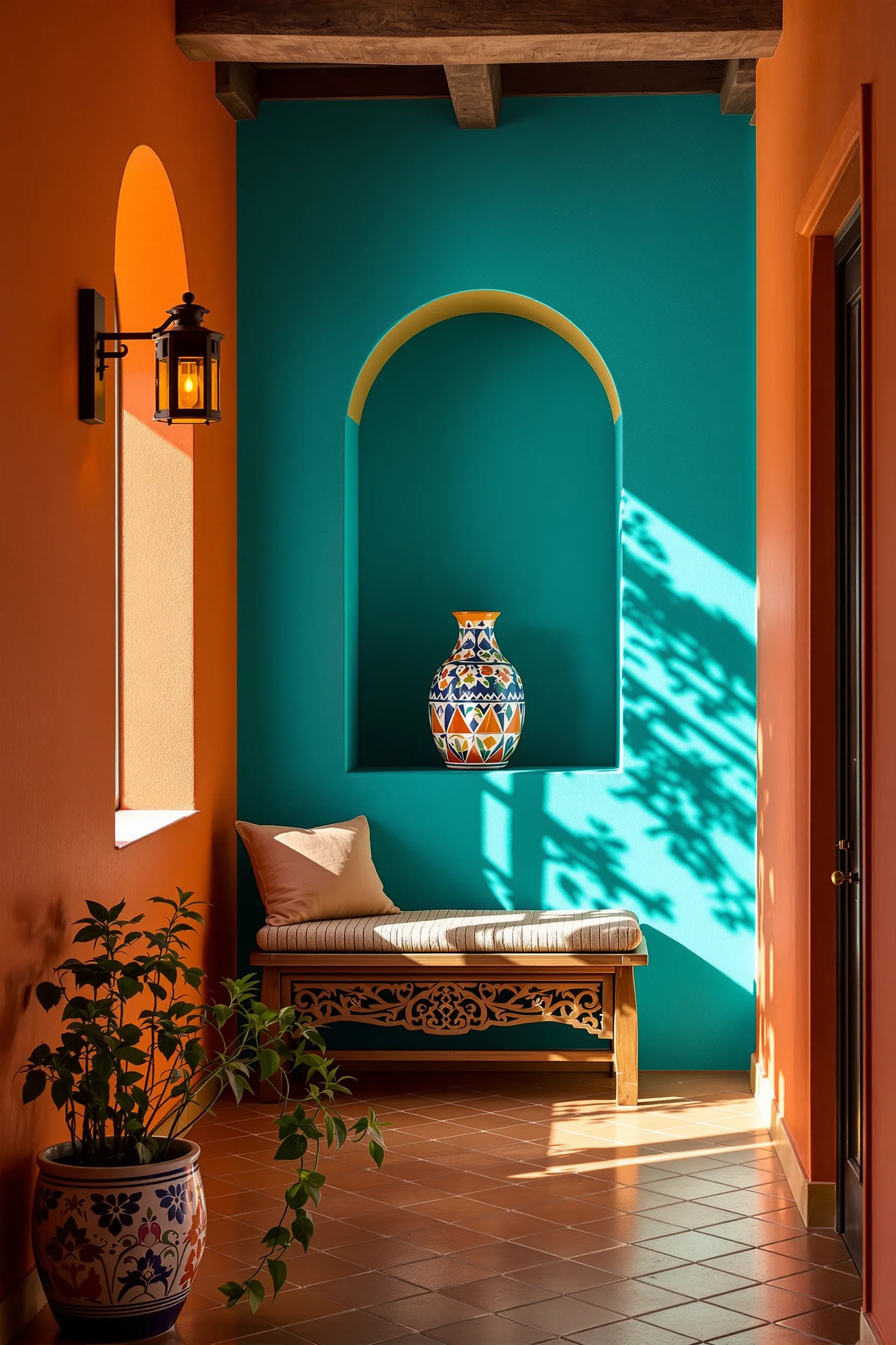mexican decor designs showing ochre lime plaster walls wrought iron sconce carved wooden bench with colorful woven cushion