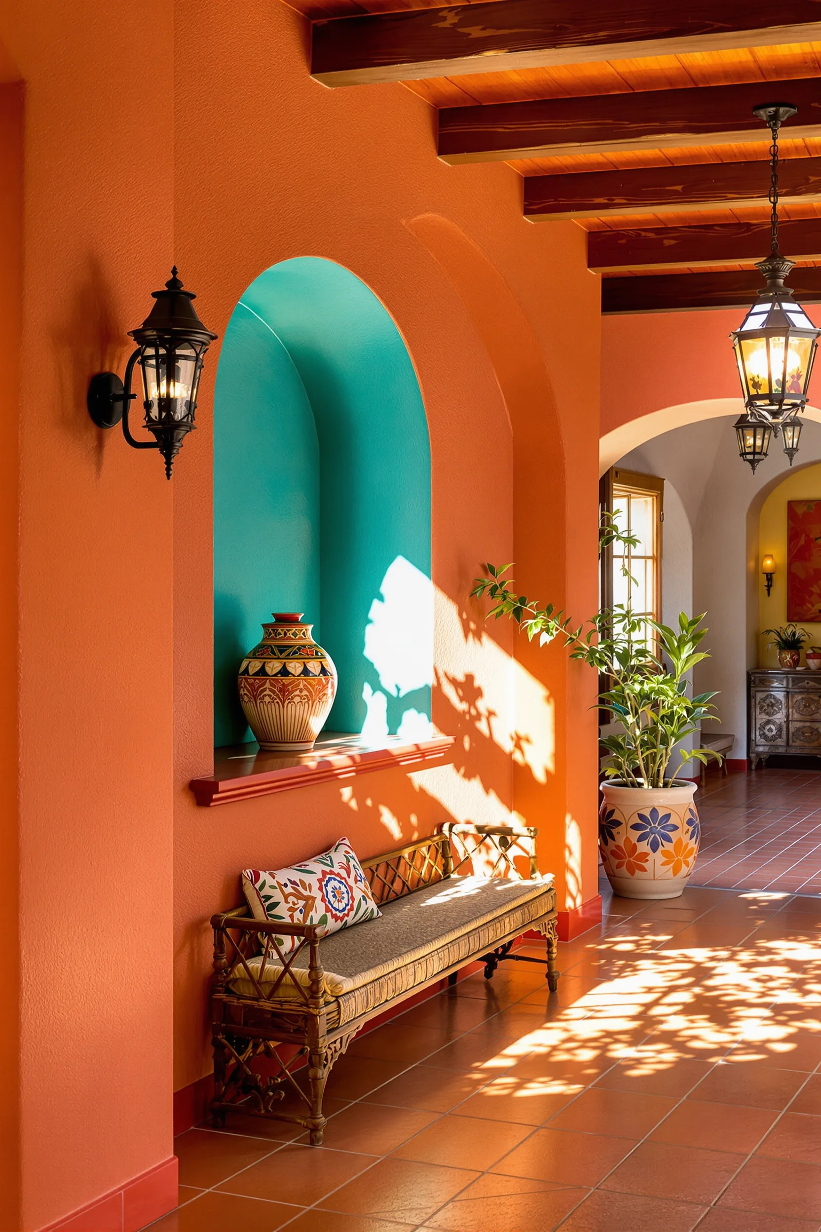 mexican decor ideas featuring turquoise wall niche with ceramic vase terracotta floors and streaming sunlight through arched window