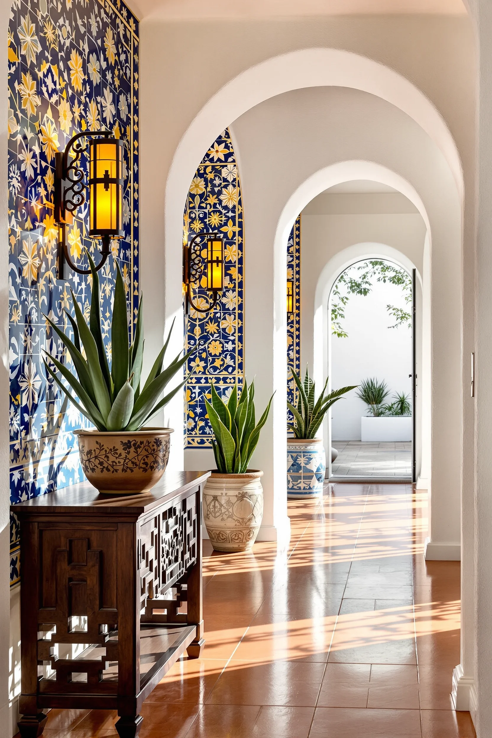 mexican hallway decor aesthetics displaying amber wall sconce handcrafted ceramic pot walnut console table textured white walls
