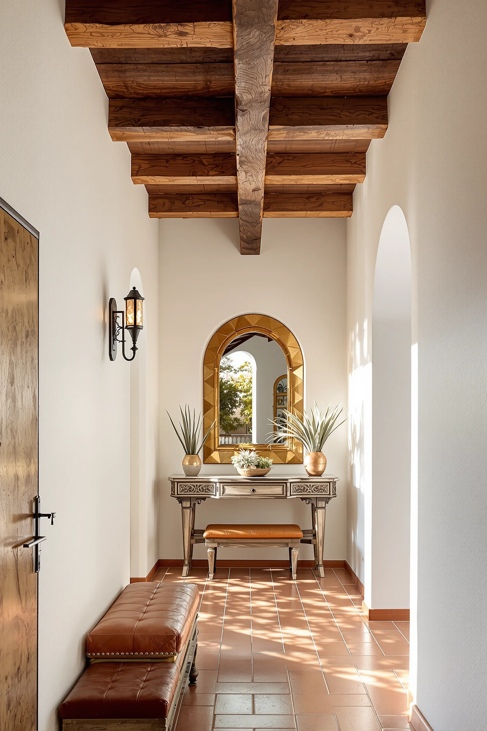 mexican home decor aesthetics showcasing authentic saltillo tile flooring with natural patina and lime washed textured wall finish