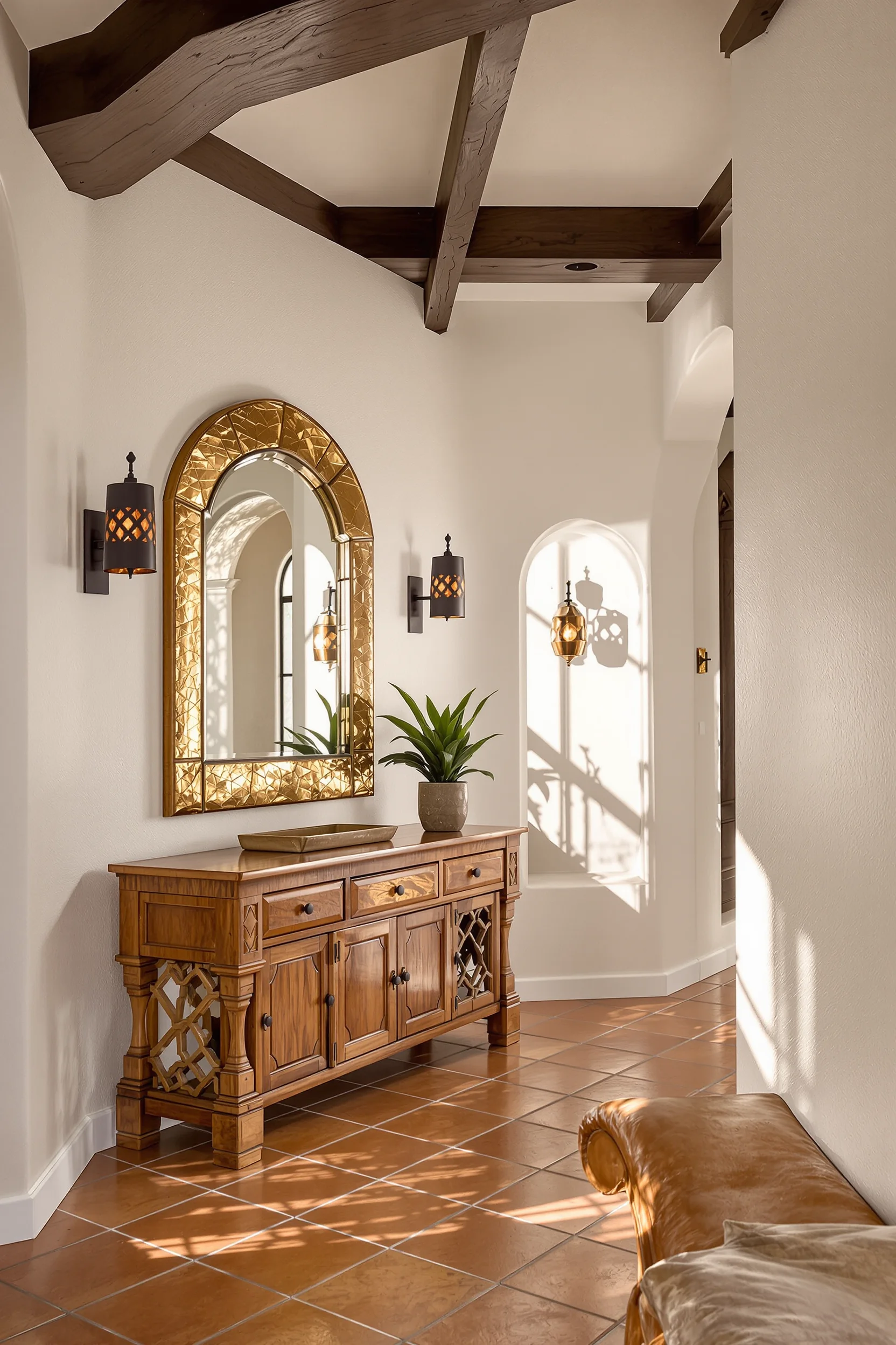 mexican home decor designs showing carved mesquite console table with hammered copper mirror under arched window with sunlight
