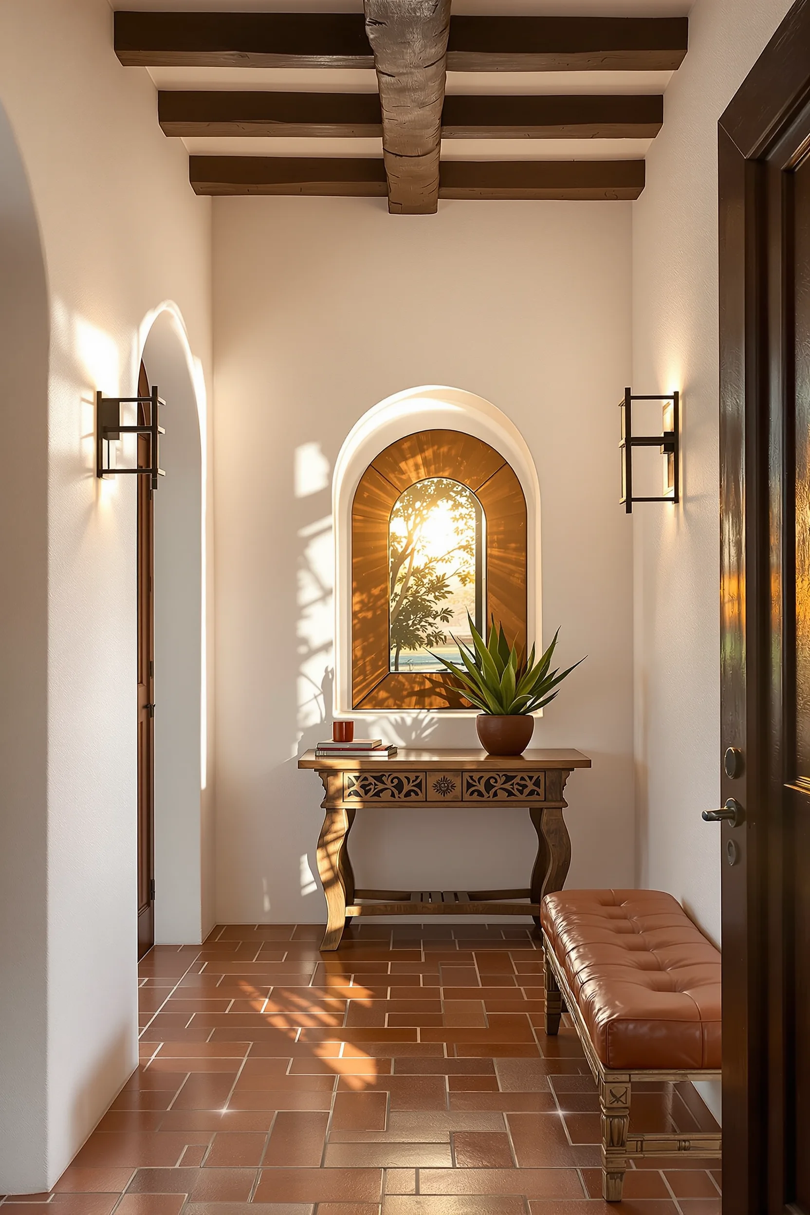 mexican home decor ideas featuring exposed wood beam ceiling white plaster walls and terracotta tile floor in bright hallway