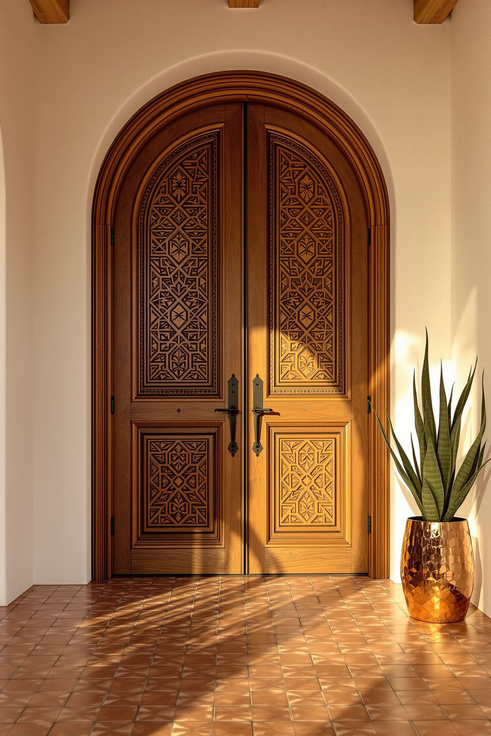 mexican home designs showcasing dramatic walnut door with iron hardware against white walls and terracotta tile flooring