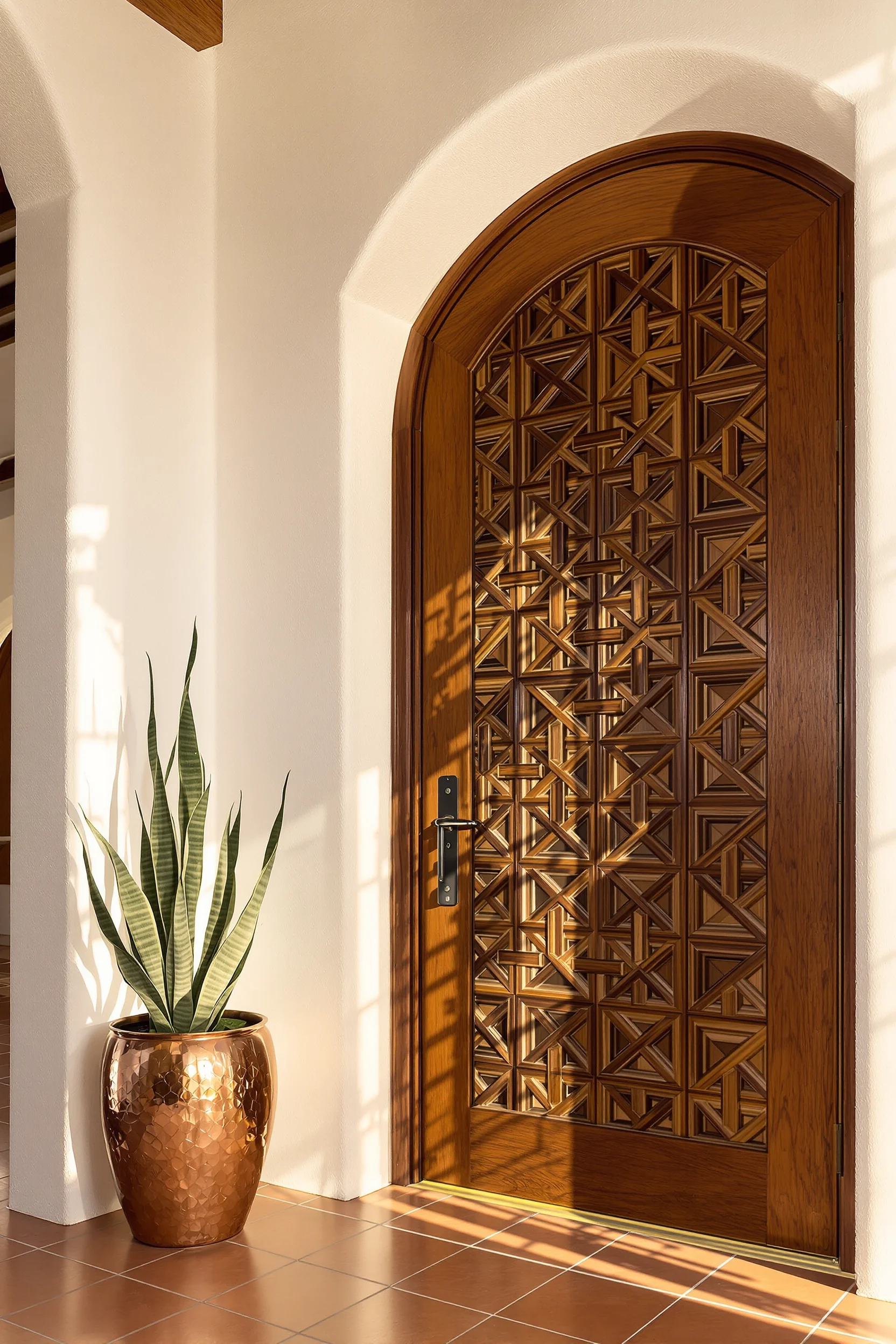 mexican home ideas featuring massive carved wood door with geometric patterns and whitewashed stucco walls in sunlit hallway