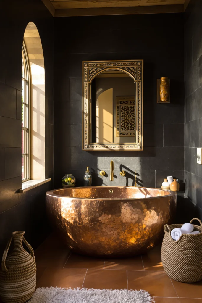 mexican inspired bathroom aesthetics highlighting hammered copper basin centerpiece with golden ambient lighting and textured clay vessel on modern countertop