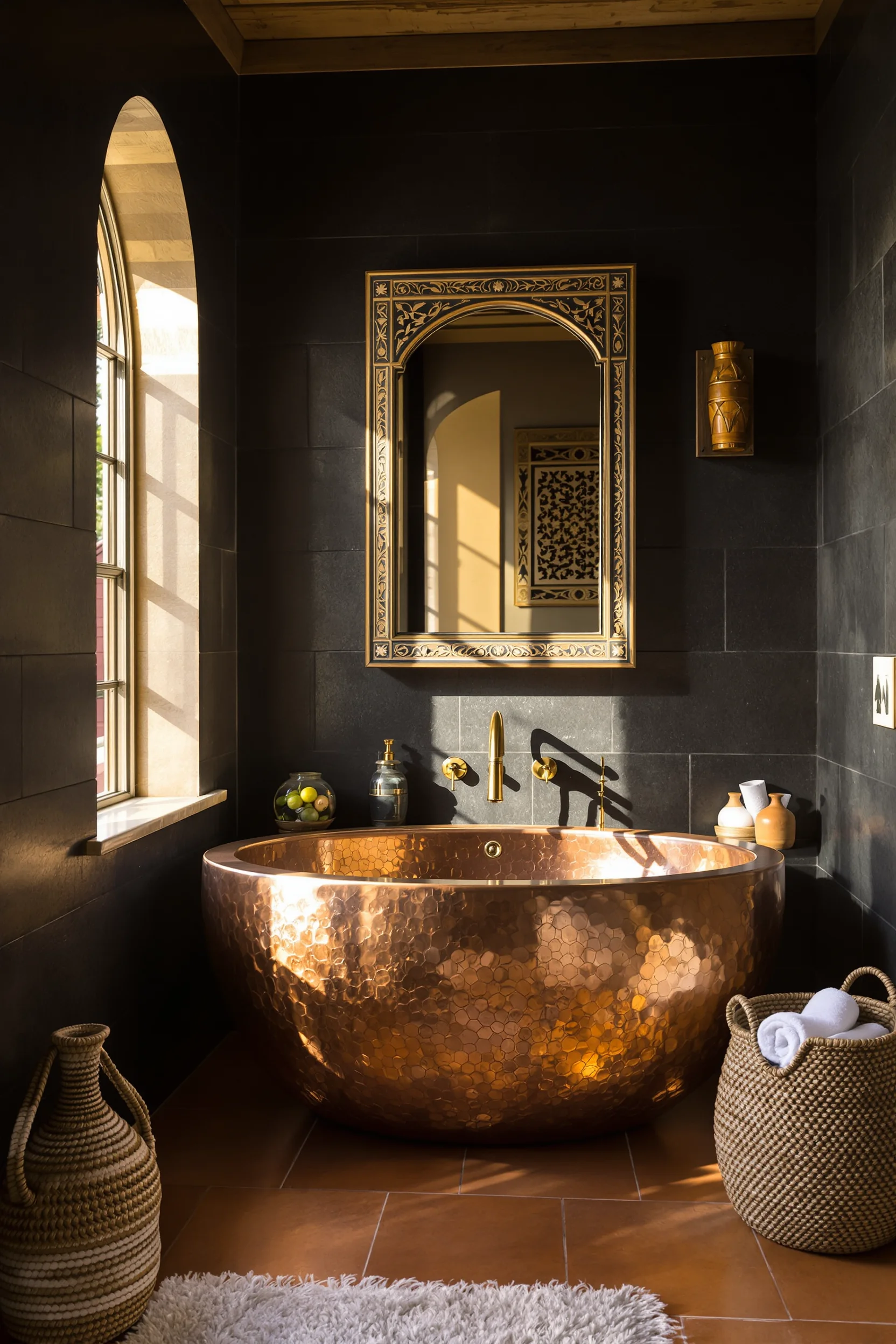 mexican inspired bathroom aesthetics highlighting hammered copper basin centerpiece with golden ambient lighting and textured clay vessel on modern countertop