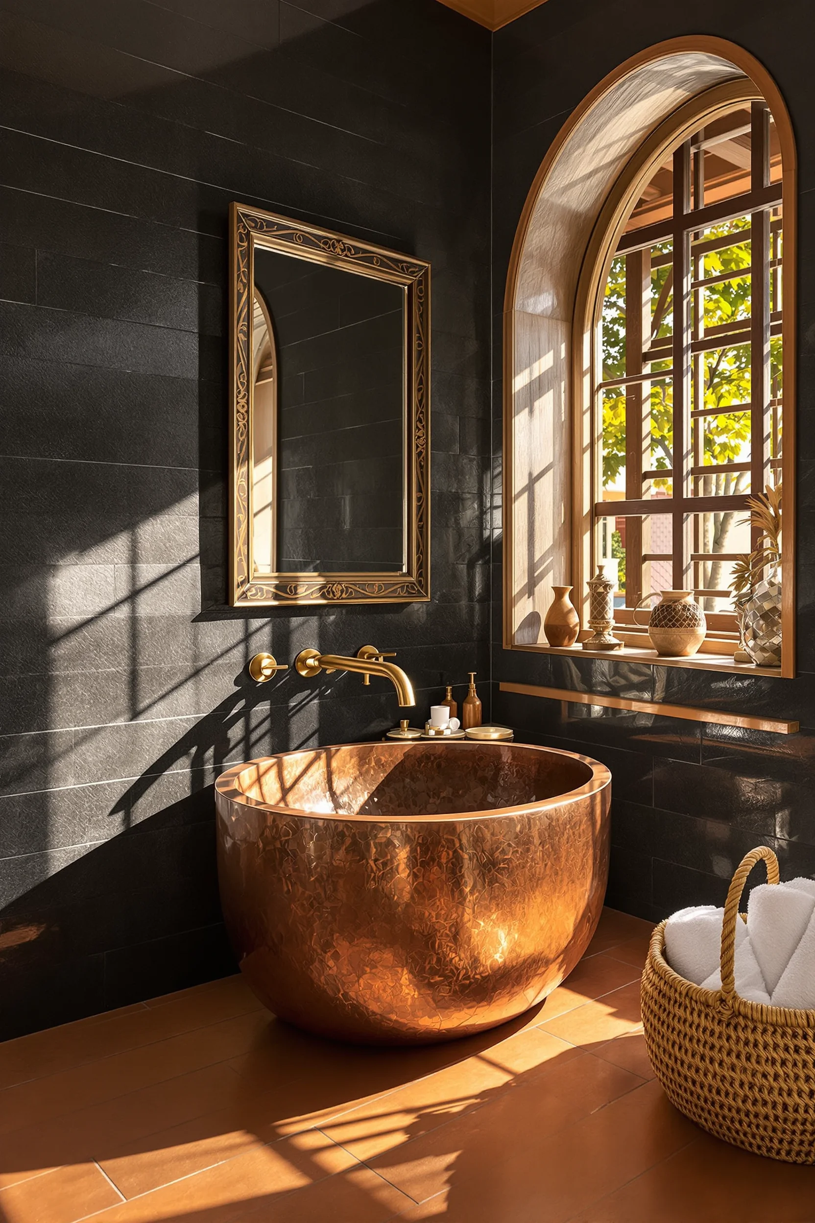 mexican inspired bathroom designs showcasing artisan copper faucet with terracotta tile floor and hand carved wooden mirror frame in hacienda style