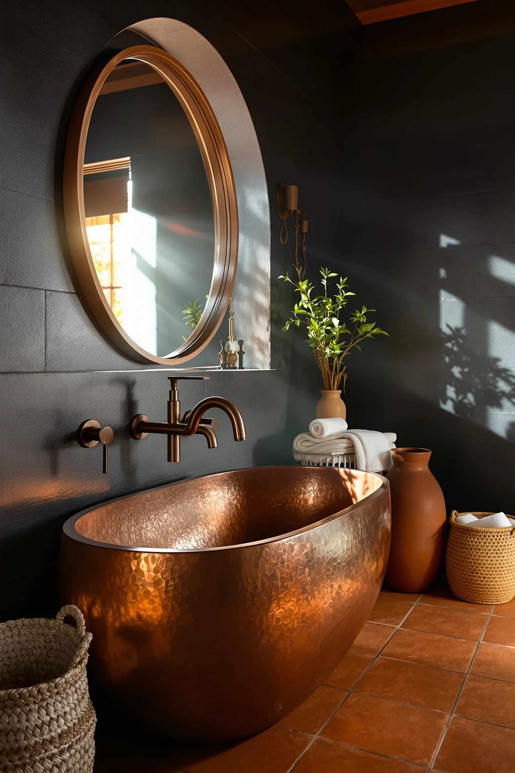 mexican inspired bathroom ideas featuring oversized hammered copper sink with charcoal stone wall and golden hour sunlight streaming through arched window