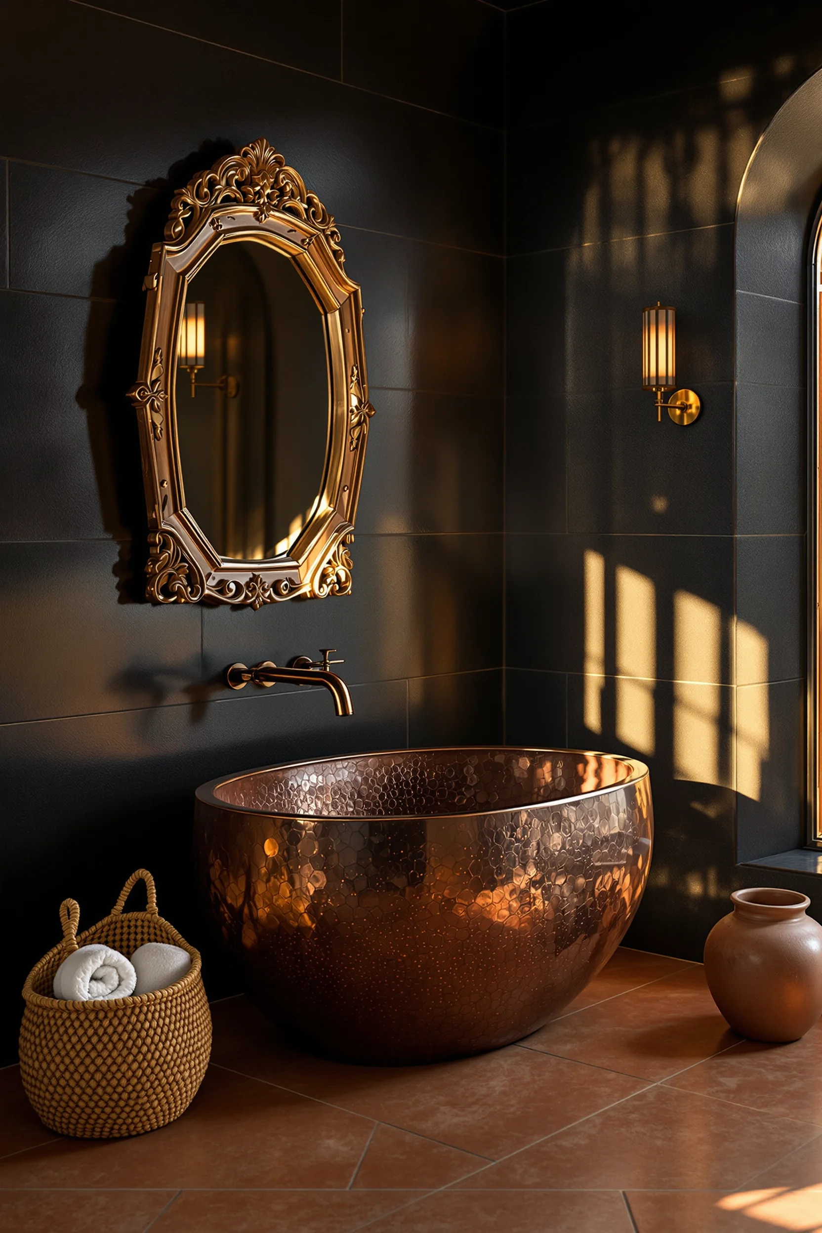 mexican inspired bathroom inspiration displaying deep charcoal black stone accent wall contrasting warm terracotta flooring with woven basket and white towels