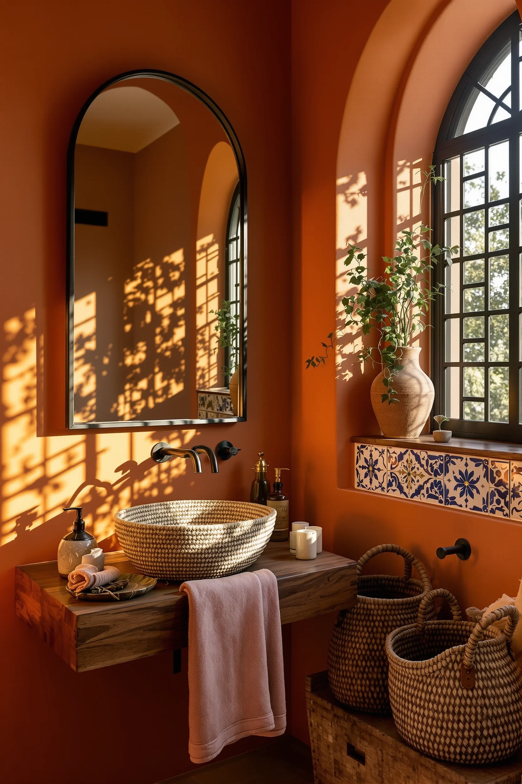 mexican style bathroom aesthetics displaying wrought iron mirror frame with trailing vine and clay vessel