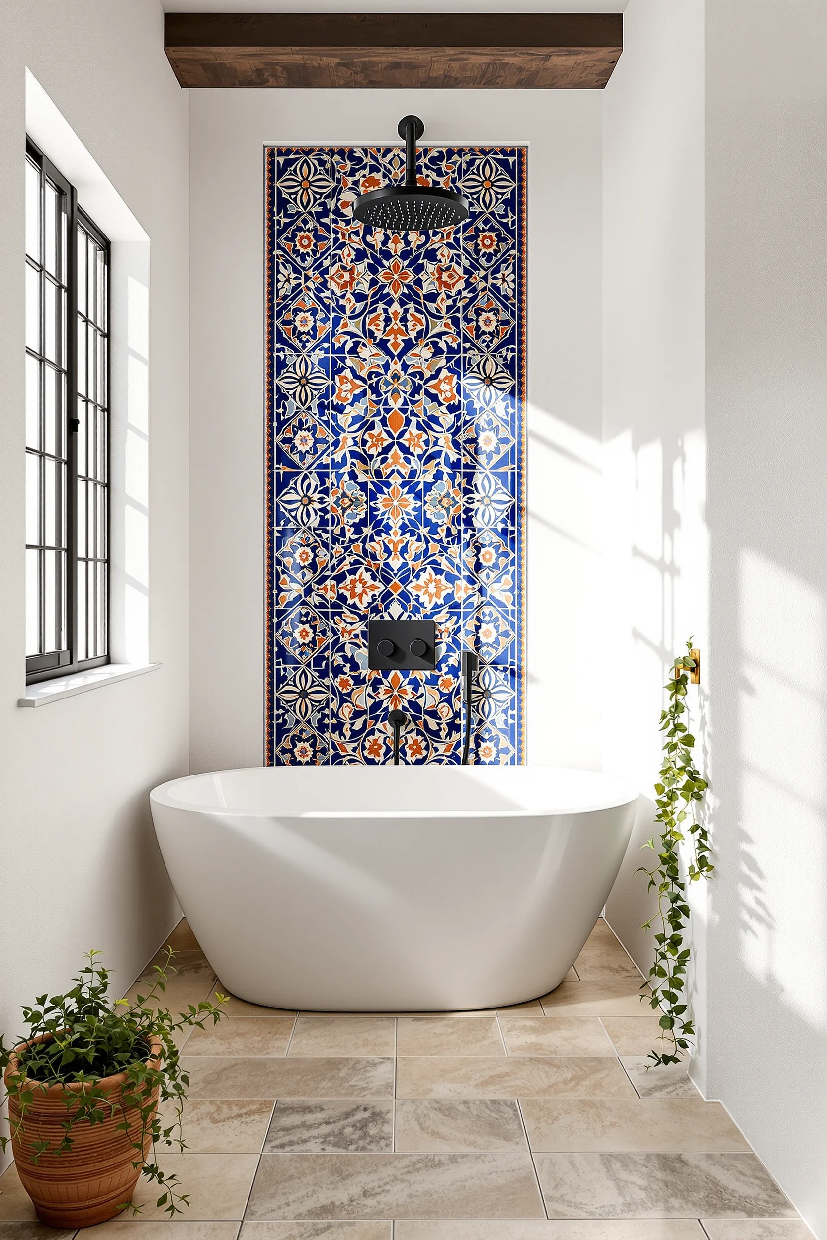 mexican style bathroom aesthetics with blue terracotta tile patterns matte black fixtures and warm natural lighting