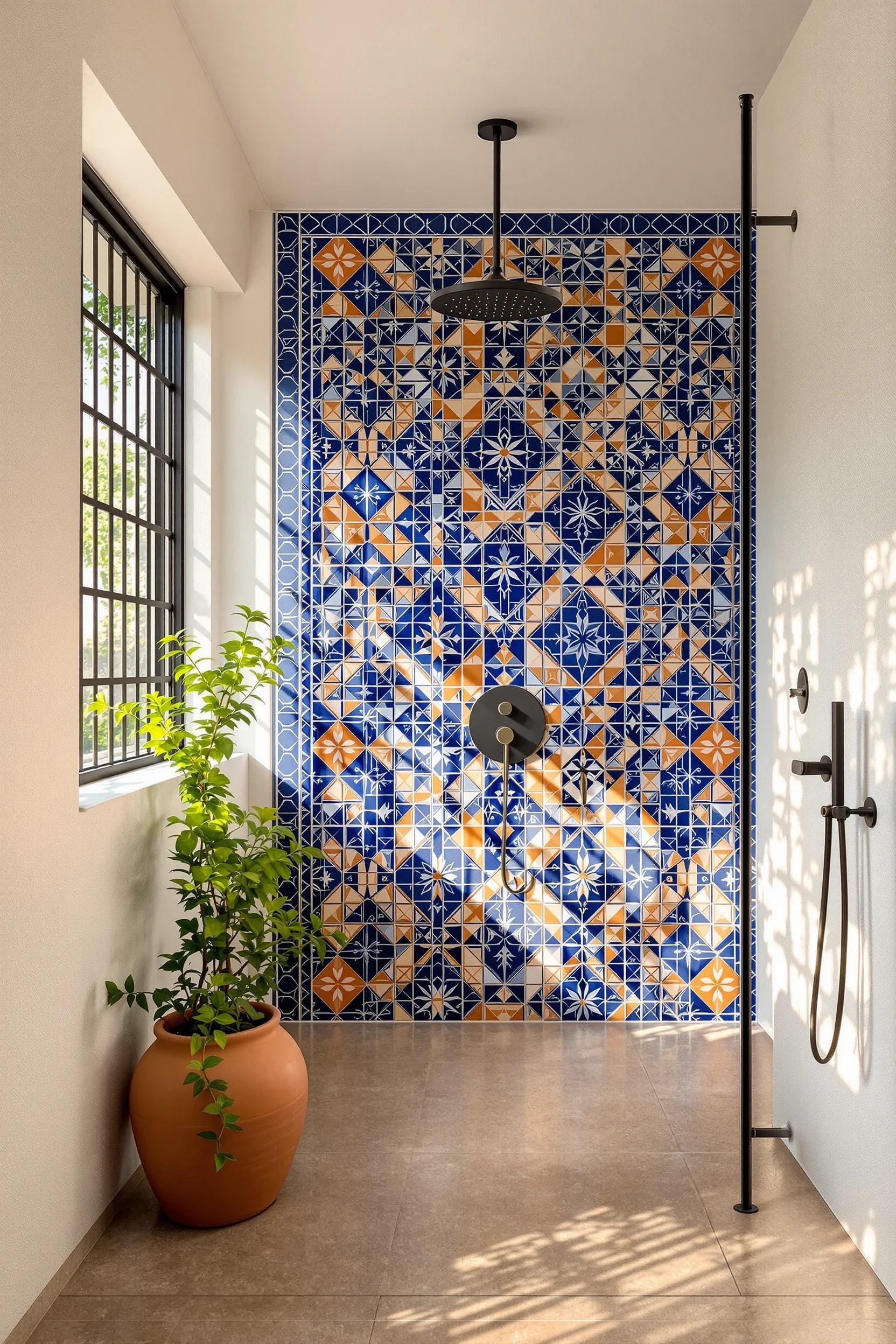 mexican style bathroom designs with handcrafted geometric tiles white plaster walls and aged brass hardware details