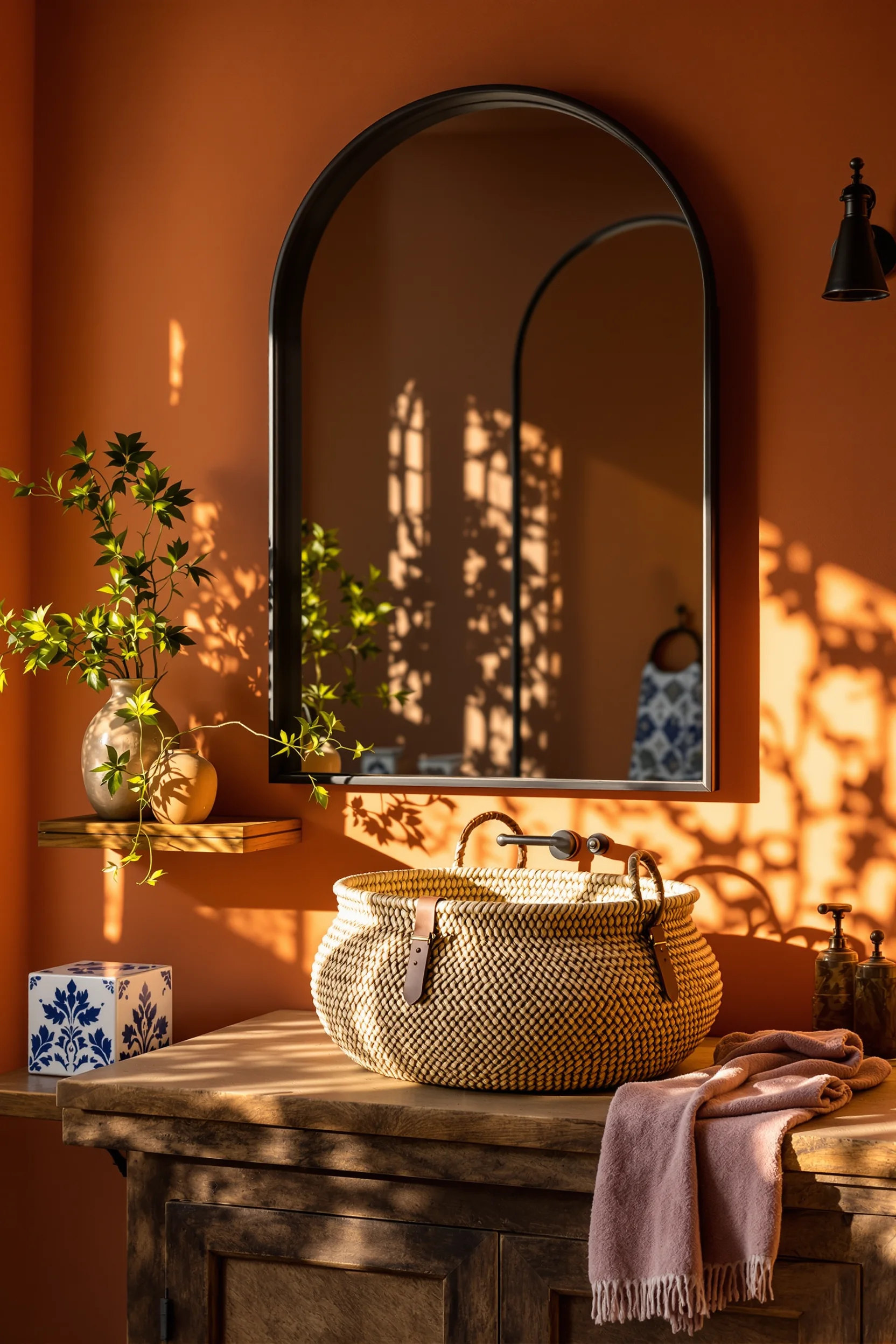 mexican style bathroom ideas featuring oversized woven basket with black iron mirror and warm terracotta walls