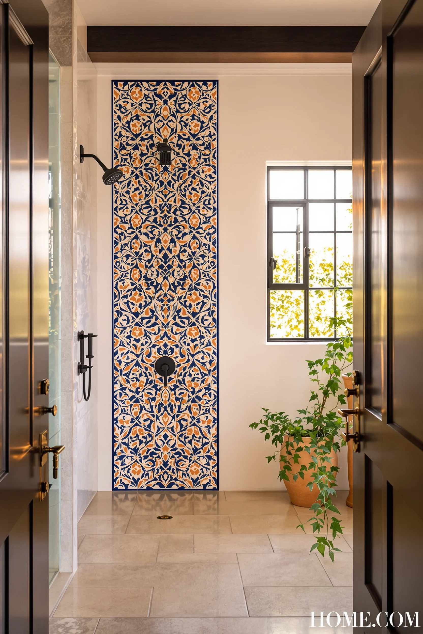 mexican style bathroom inspiration showing talavera accent wall wrought iron window and travertine stone flooring