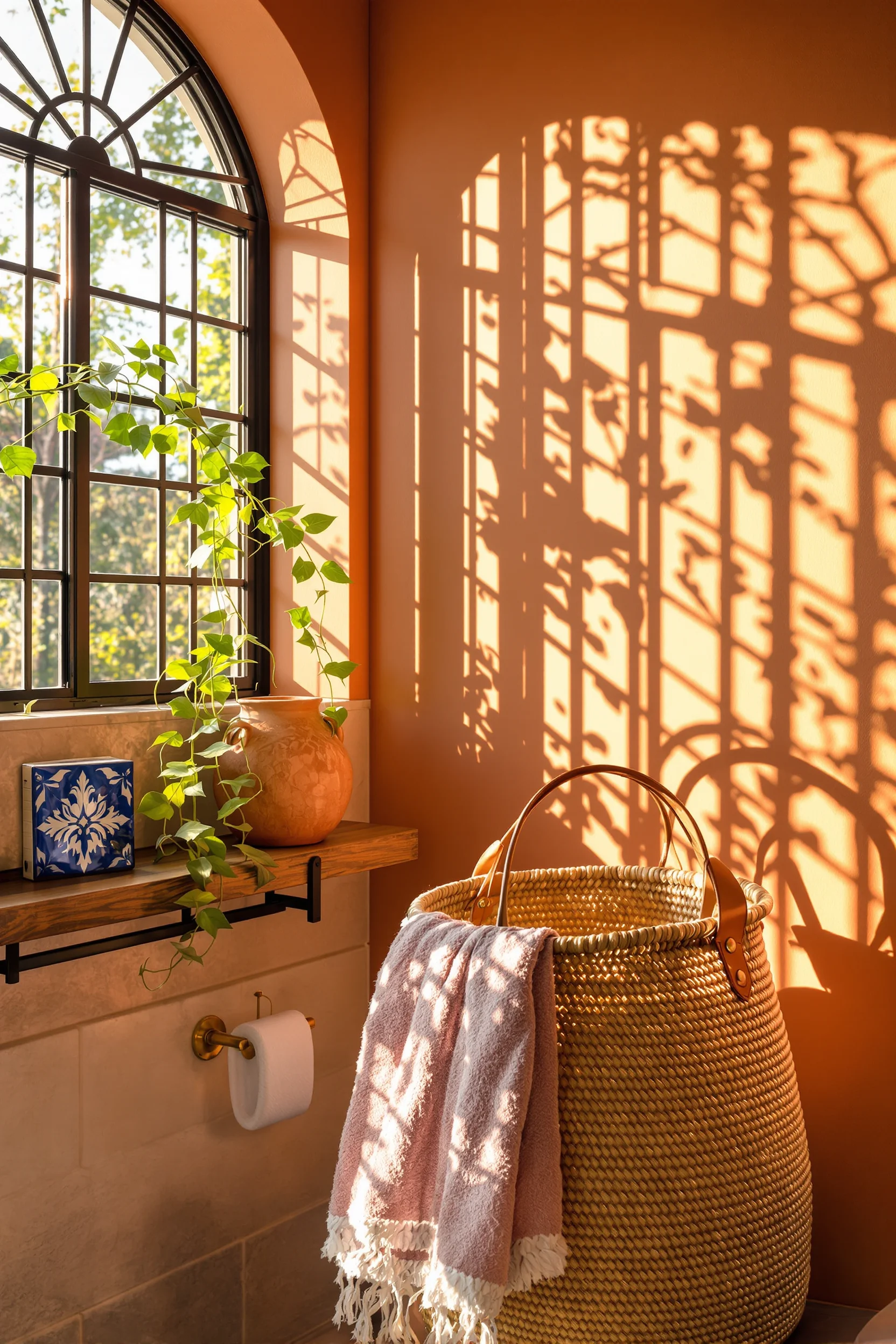 mexican style bathroom inspiration with natural fiber basket focal point and rustic oak vanity details