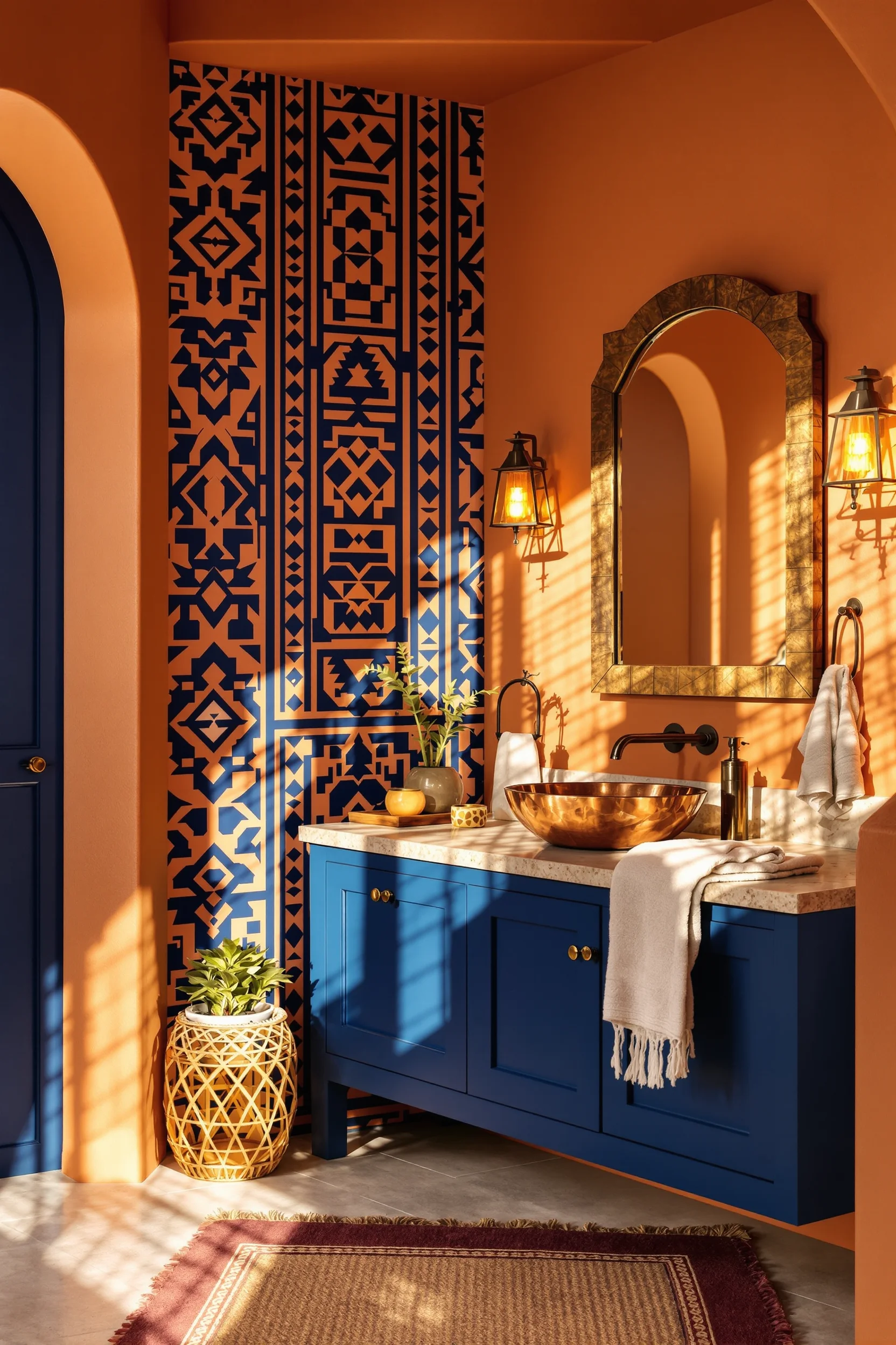 mexican tile bathroom aesthetics displaying artisan ceramic planter natural fiber rug and limestone floor tiles