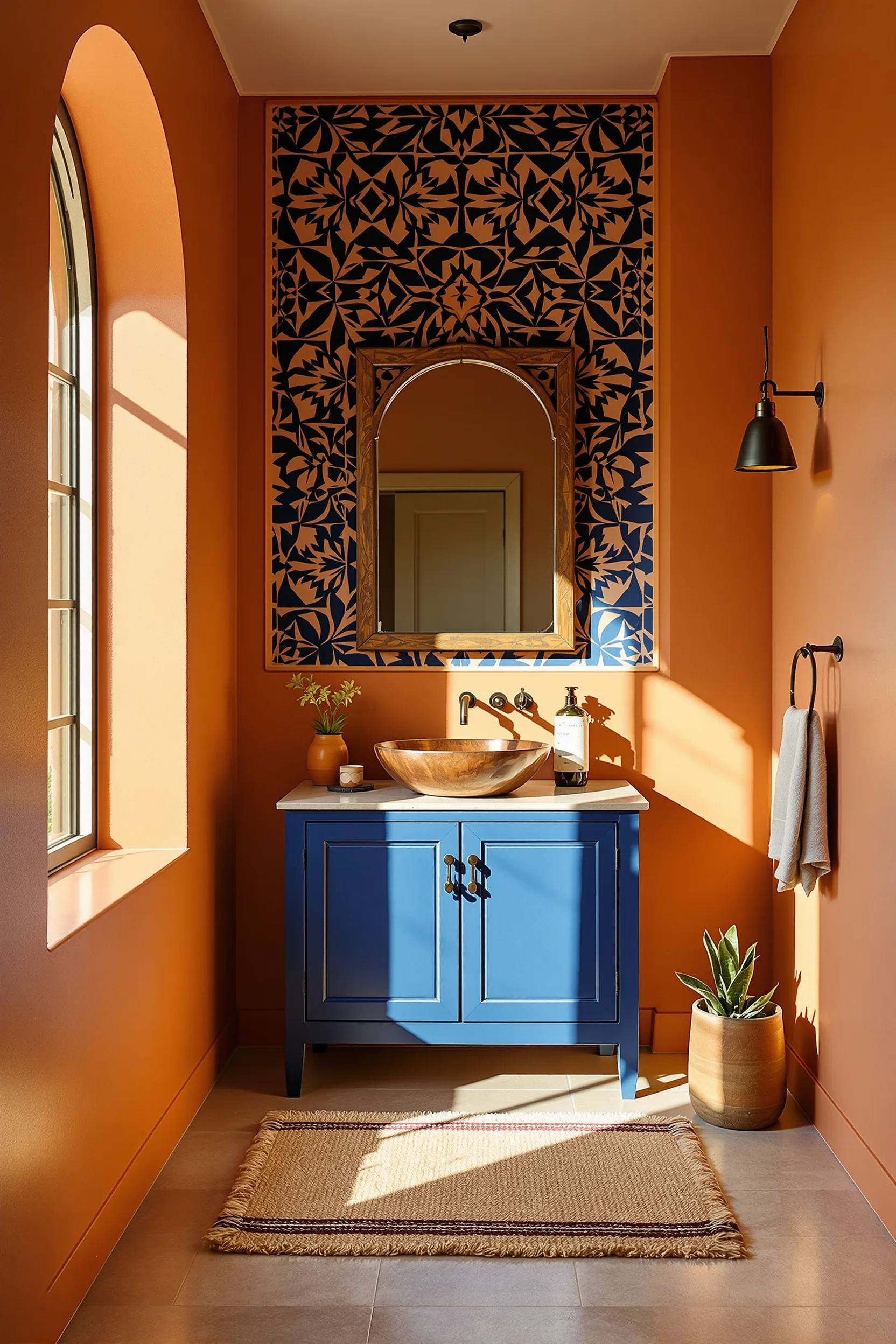 mexican tile bathroom designs showcasing geometric patterns mesquite mirror frame and golden hour lighting through arched window