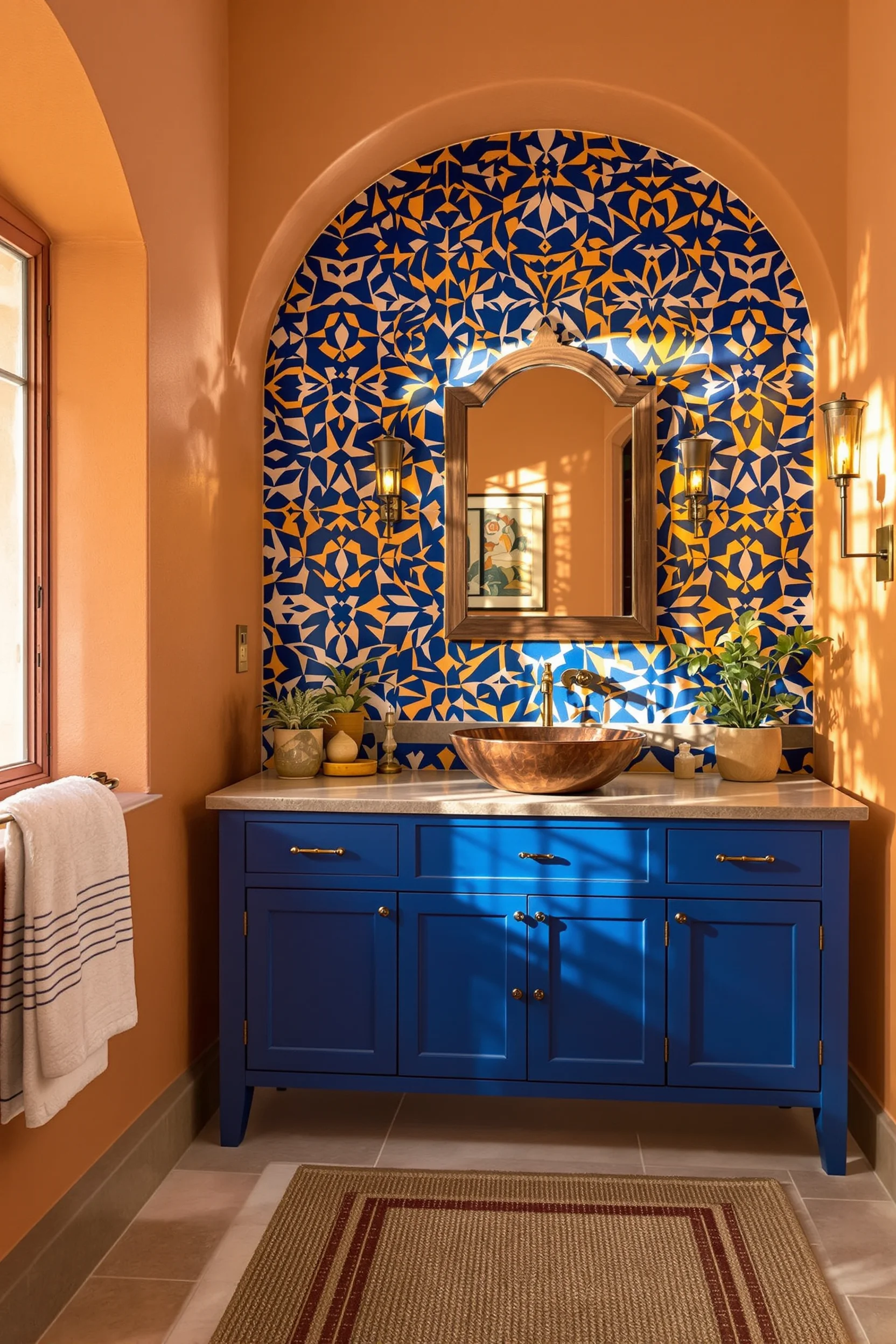 mexican tile bathroom inspiration with hammered copper vessel sink ochre plaster walls and wrought iron wall sconce